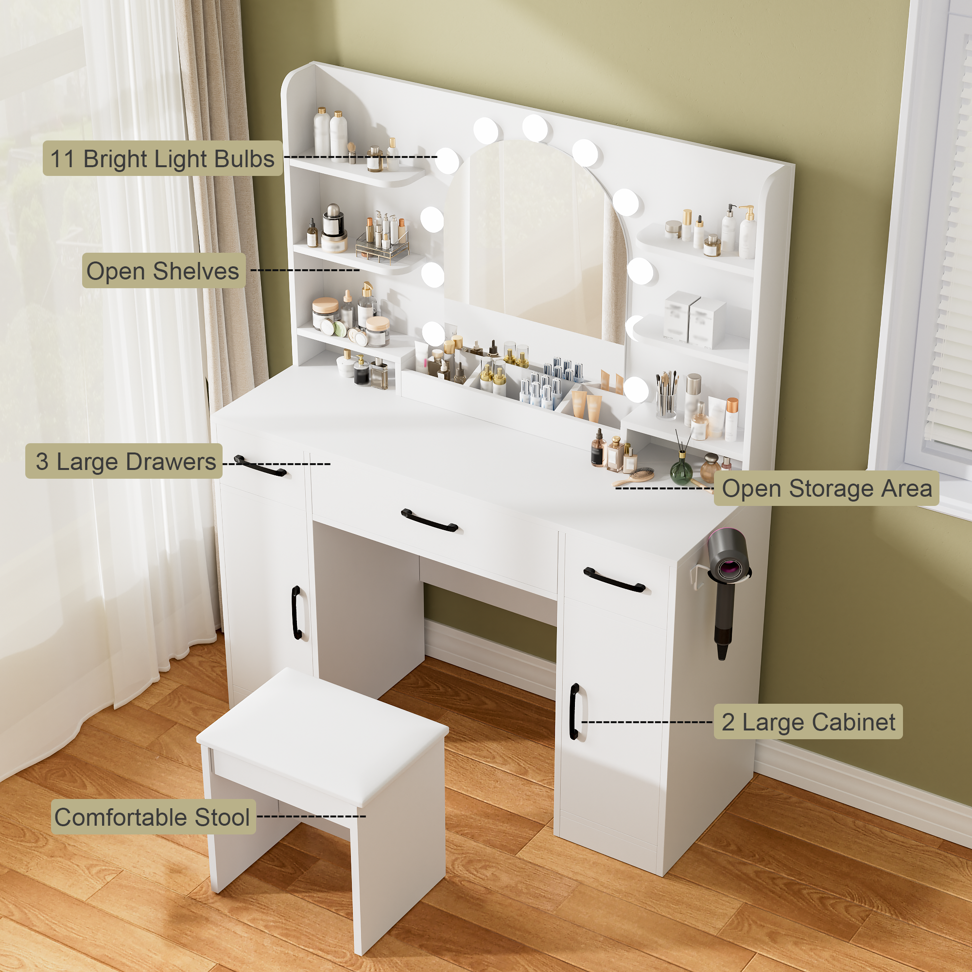 [variant:N881S436327W] Lighted Vanity Desk with Mirror, 3 Drawers and Shelves image 5