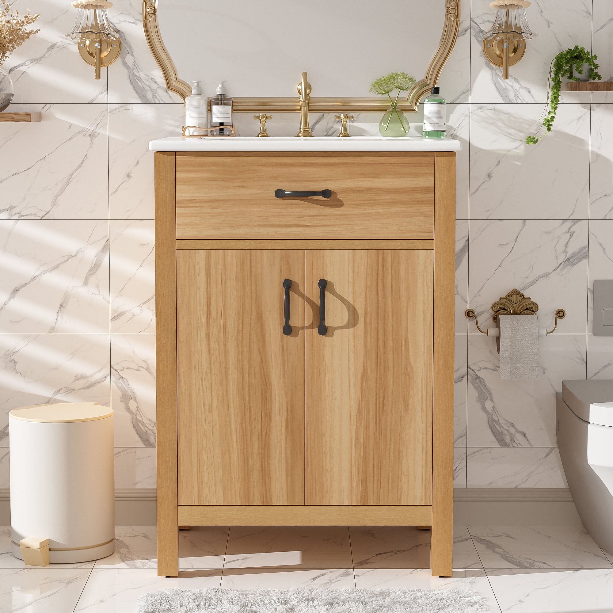 [variant:N848P469792N] Solid Wood Bathroom Vanity with Ceramic Sink – 24-Inch image 1