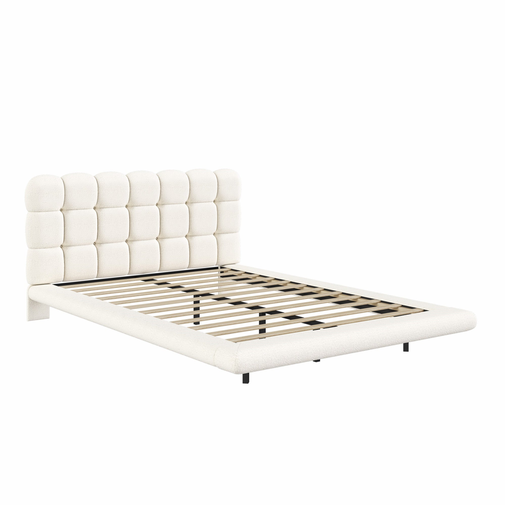 [variant:HS451577AAK] Queen LED Floating Bouclé Platform Bed – Cream White image 19