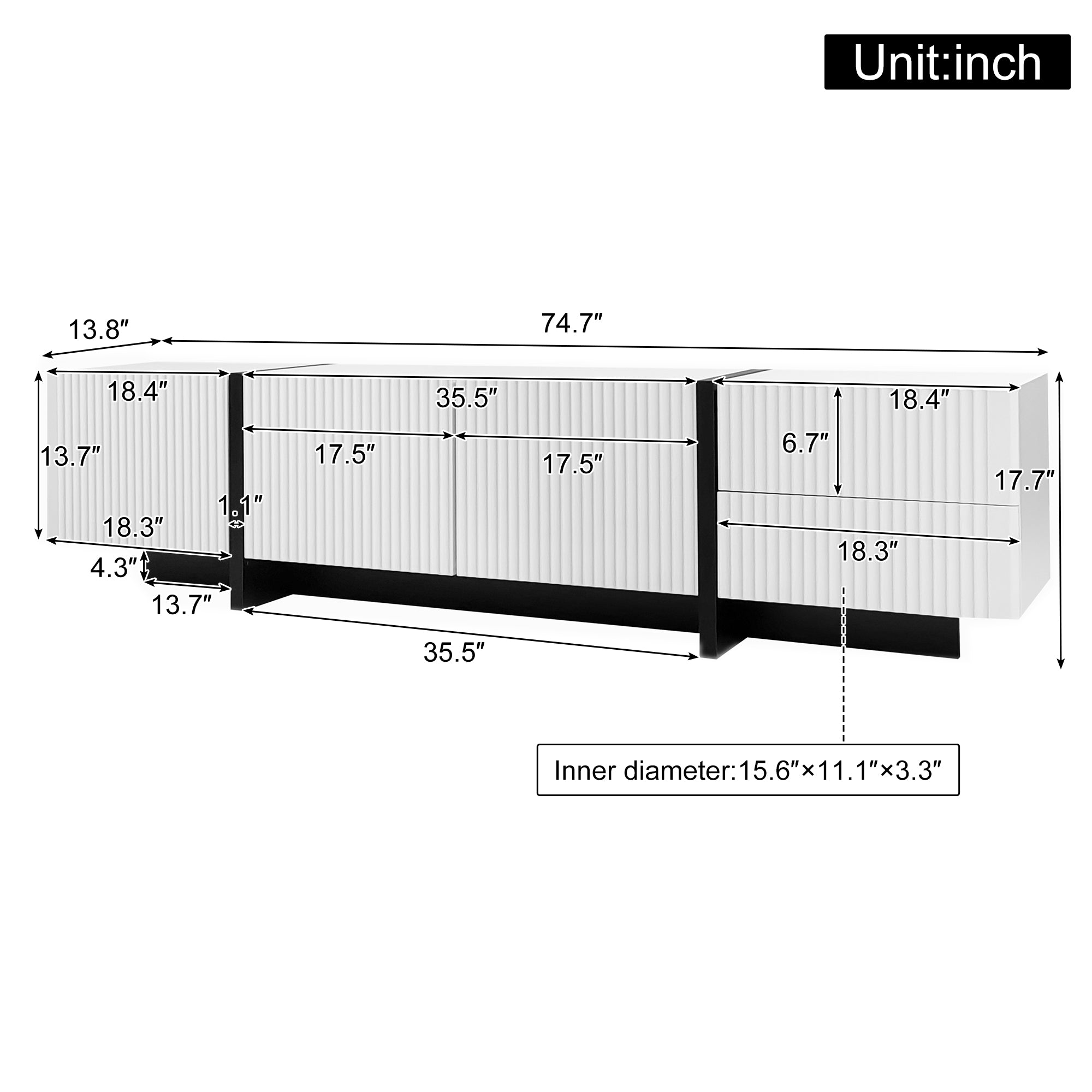 [variant:GA0014S] Modern TV Stand with 3 Doors and 2 Drawers – Black and White image 3