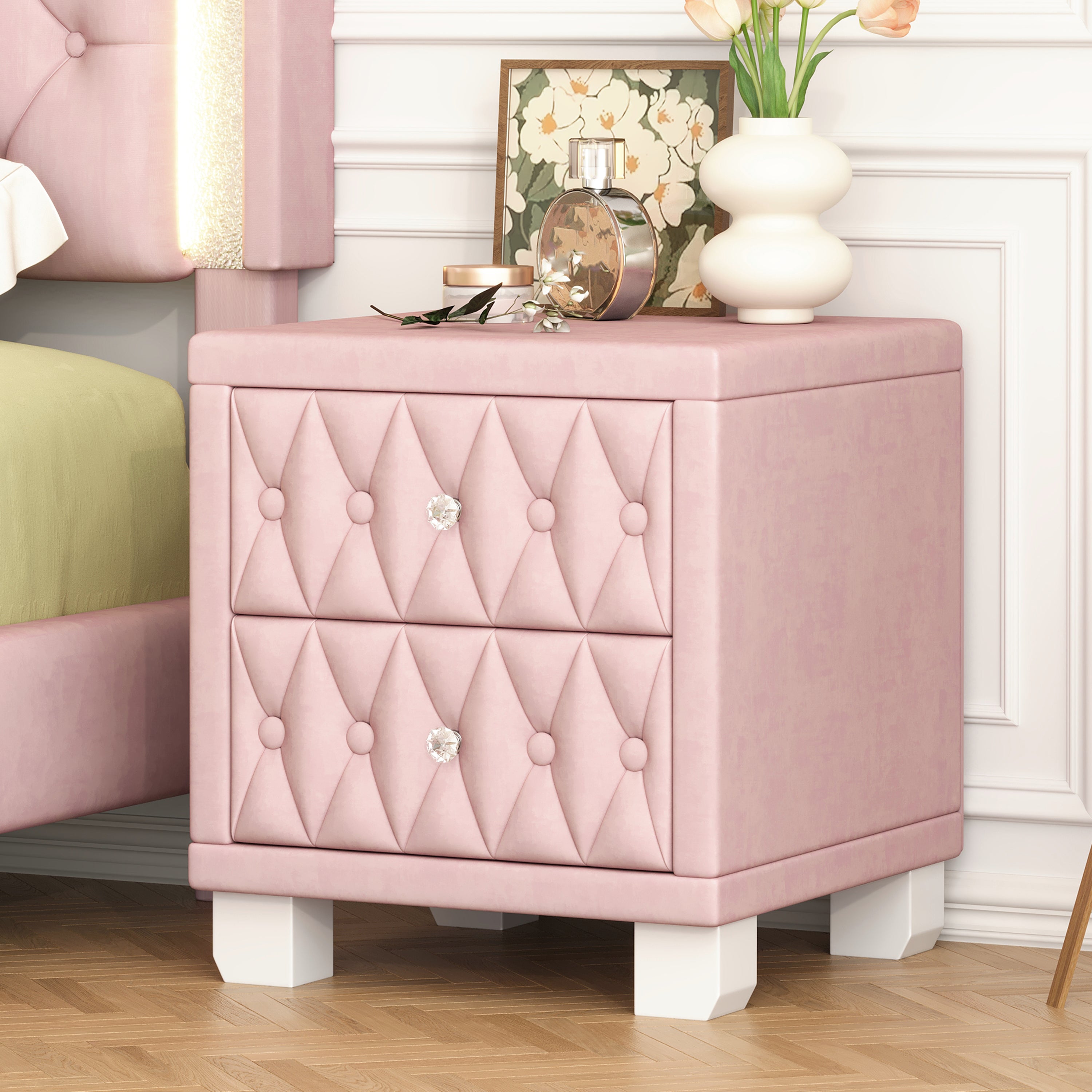 [variant:N854P408473H] Button-Tufted Velvet 2-Drawer Nightstand – Pink image 1