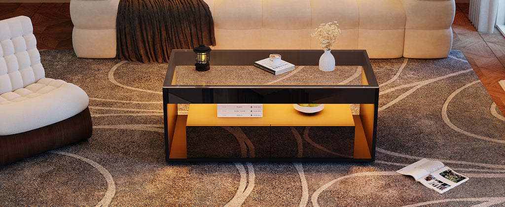 [variant:N892P428787B] High-Gloss LED Coffee Table with Glass Top and Drawers image 19