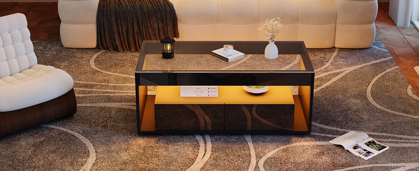 [variant:N892P428787B] High-Gloss LED Coffee Table with Glass Top and Drawers image 19