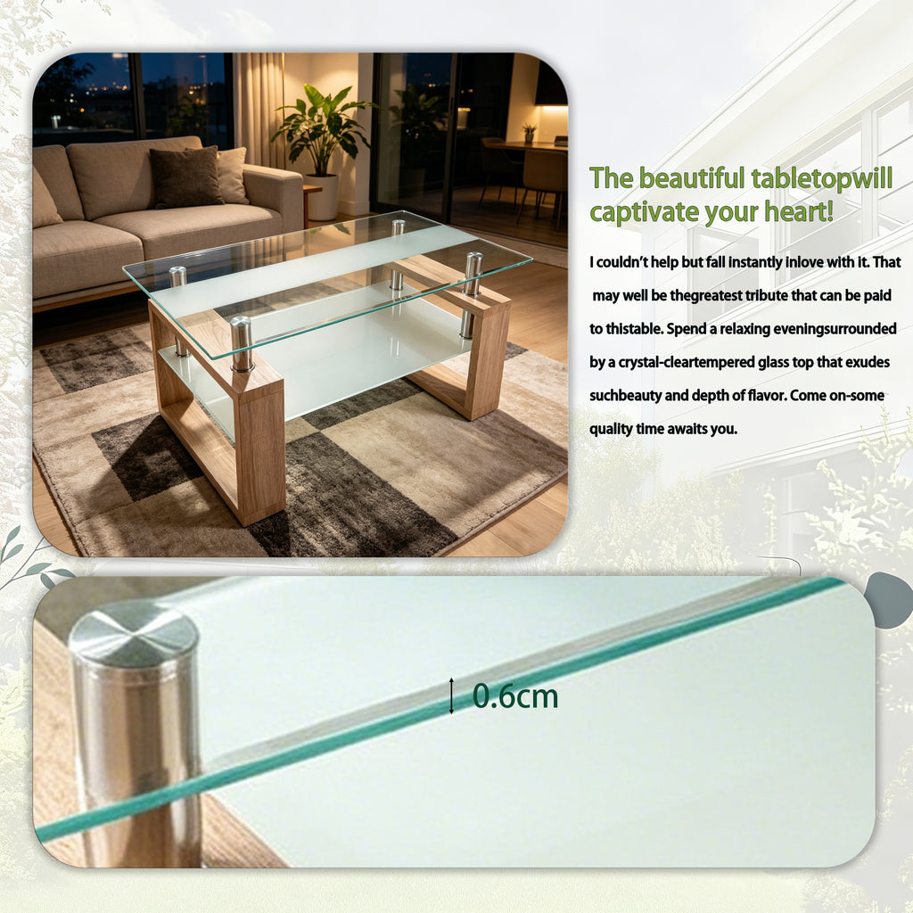 2-Tier Rectangular Tempered Glass Coffee Table — [variant:W3738P499156] Natural,Transparent image 3