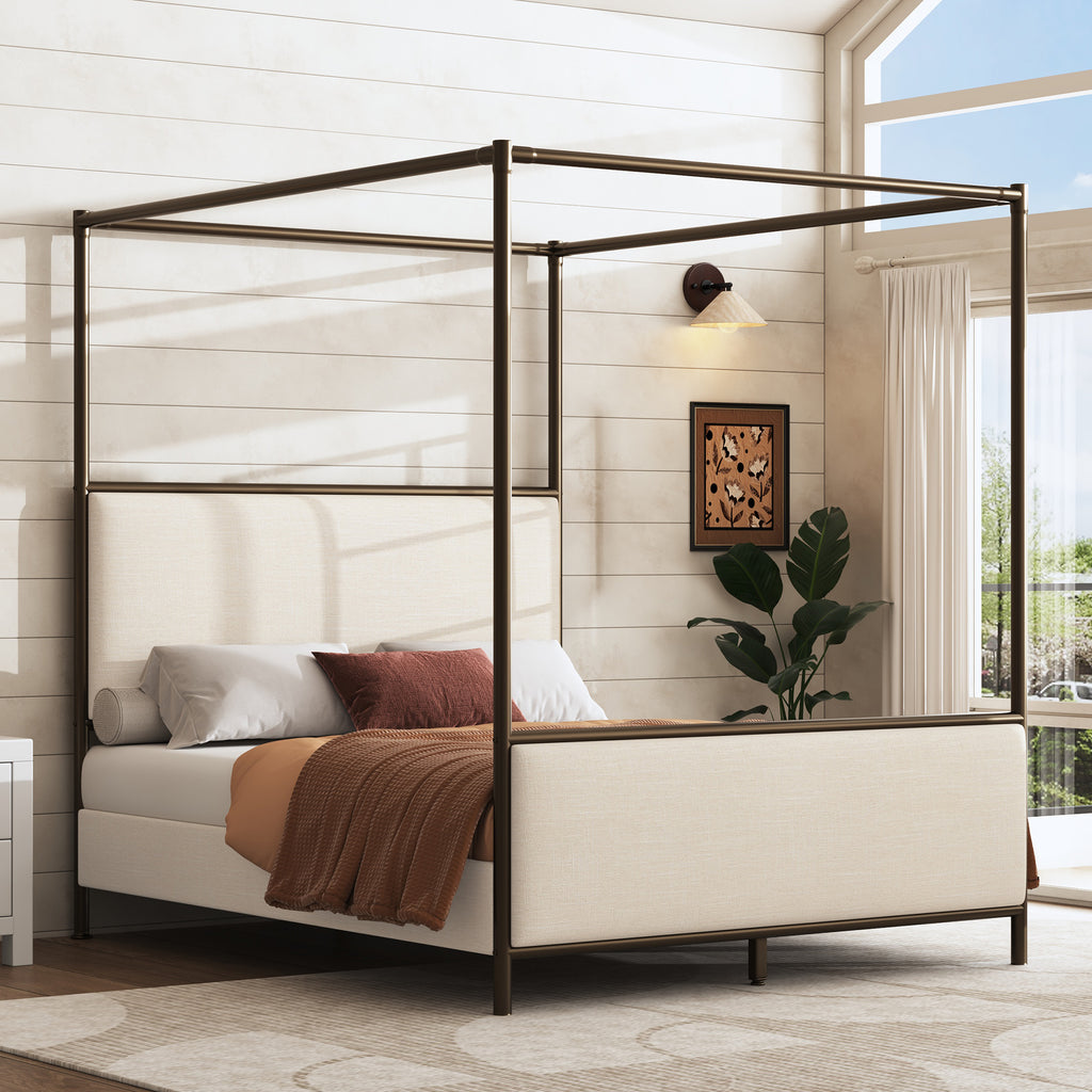 [variant:N859Q000022I] Queen Linen Upholstered Canopy Bed – Beige & Bronze image 3