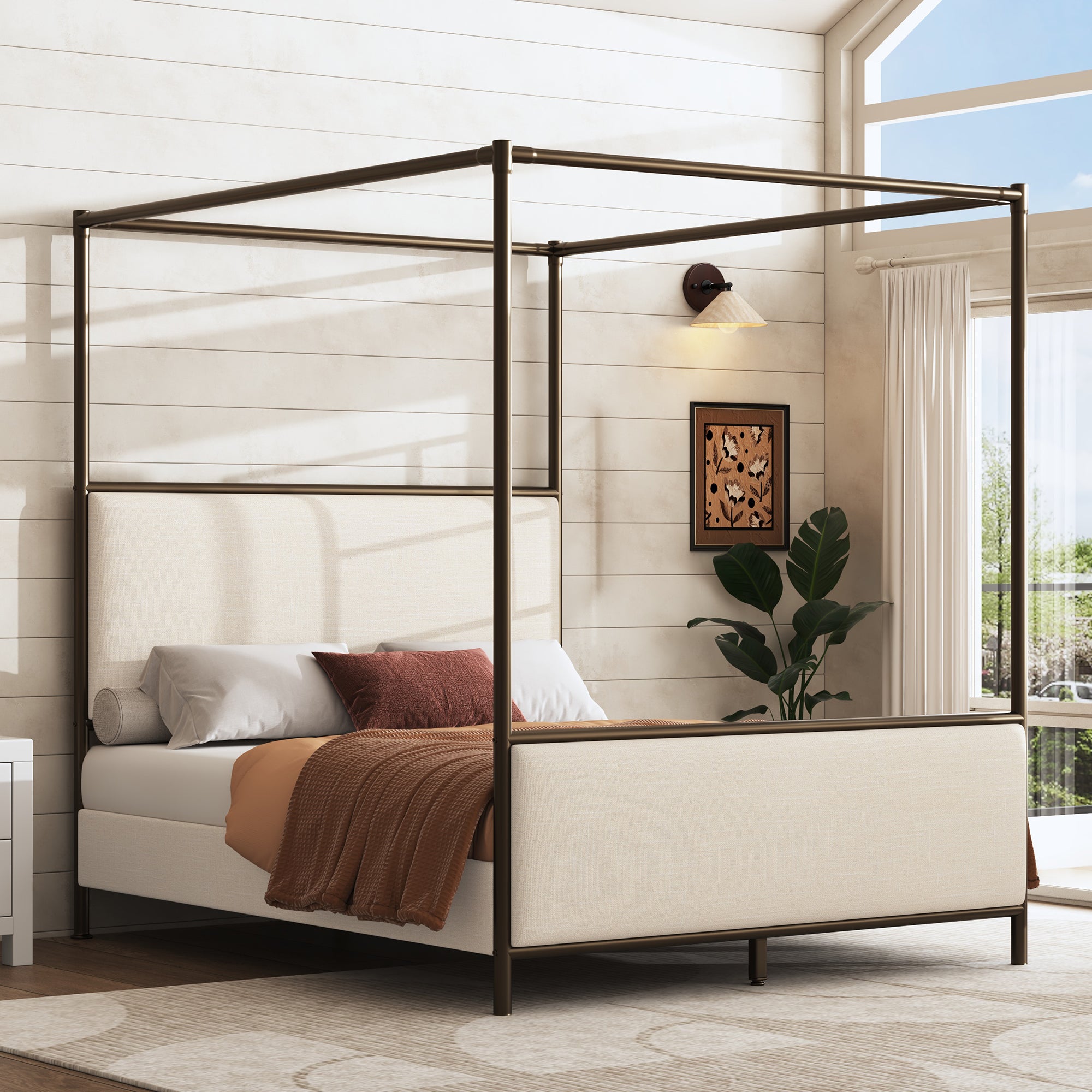 [variant:N859Q000022I] Queen Linen Upholstered Canopy Bed – Beige & Bronze image 3