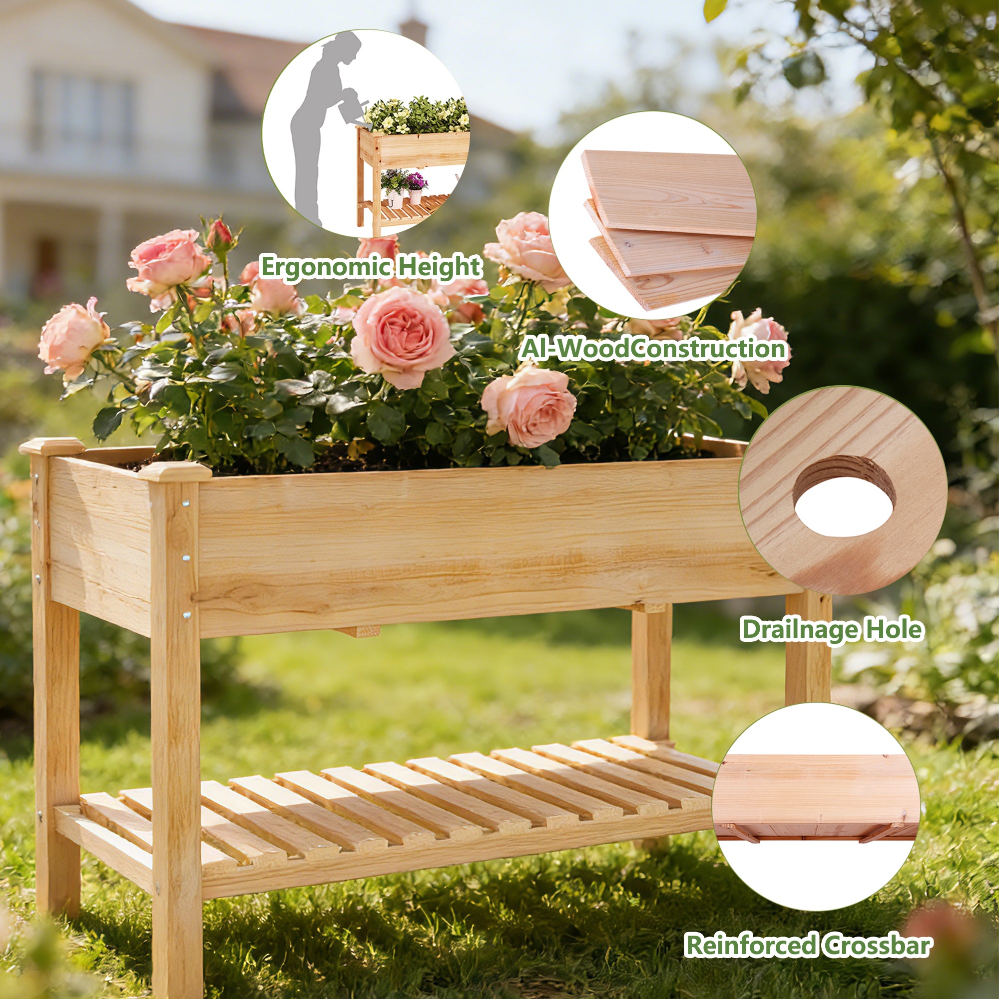 [variant:W3686P439295] Two-Tier Wooden Raised Garden Bed with Shelves image 7