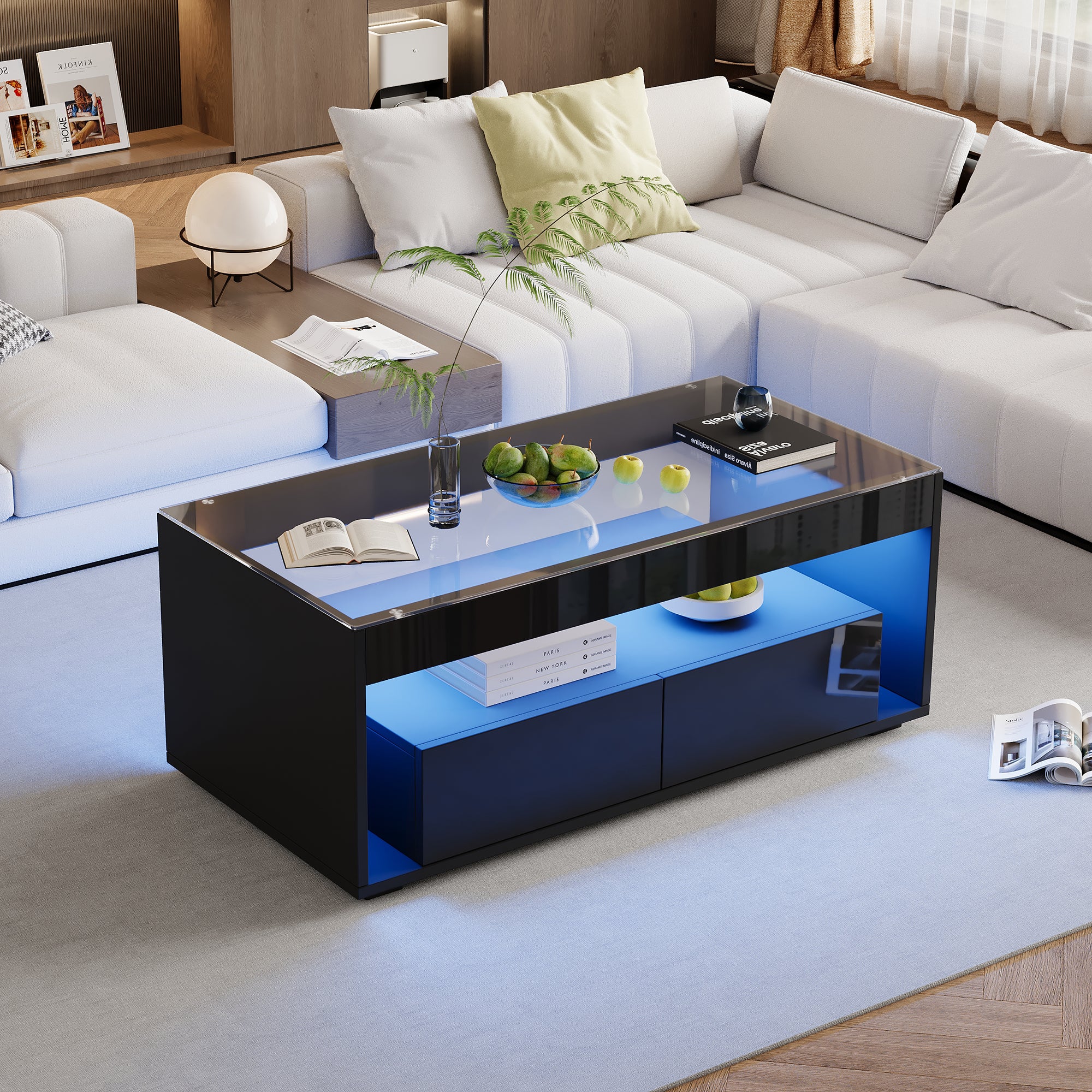 [variant:N892P428787B] High-Gloss LED Coffee Table with Glass Top and Drawers image 32