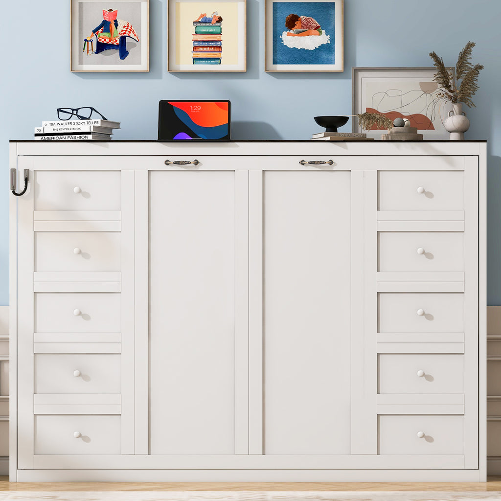 [variant:N8470004035K-1] Queen LED Murphy Bed Cabinet – White and Brown image 3