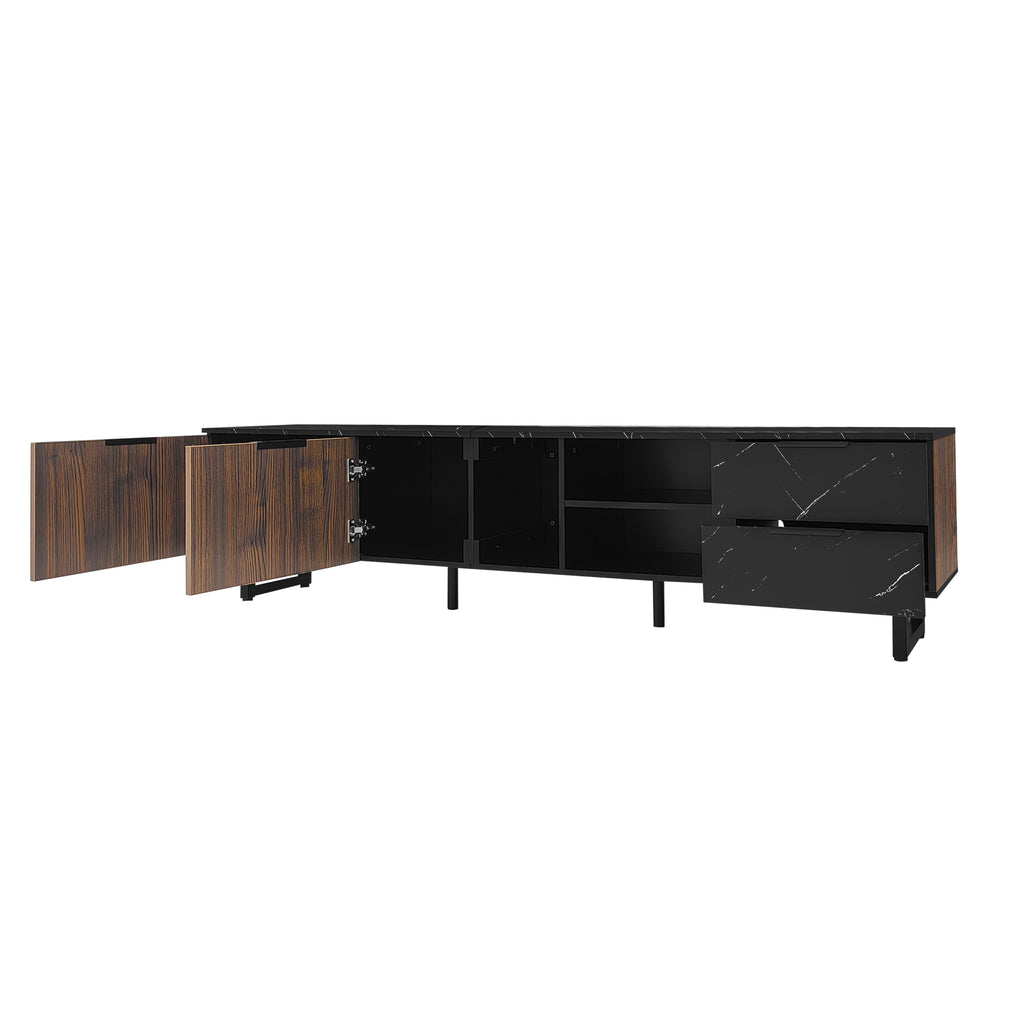 [variant:GA0010N] LED TV Stand with 2 Doors and 2 Drawers – Black Marble and Wood Grain image 4