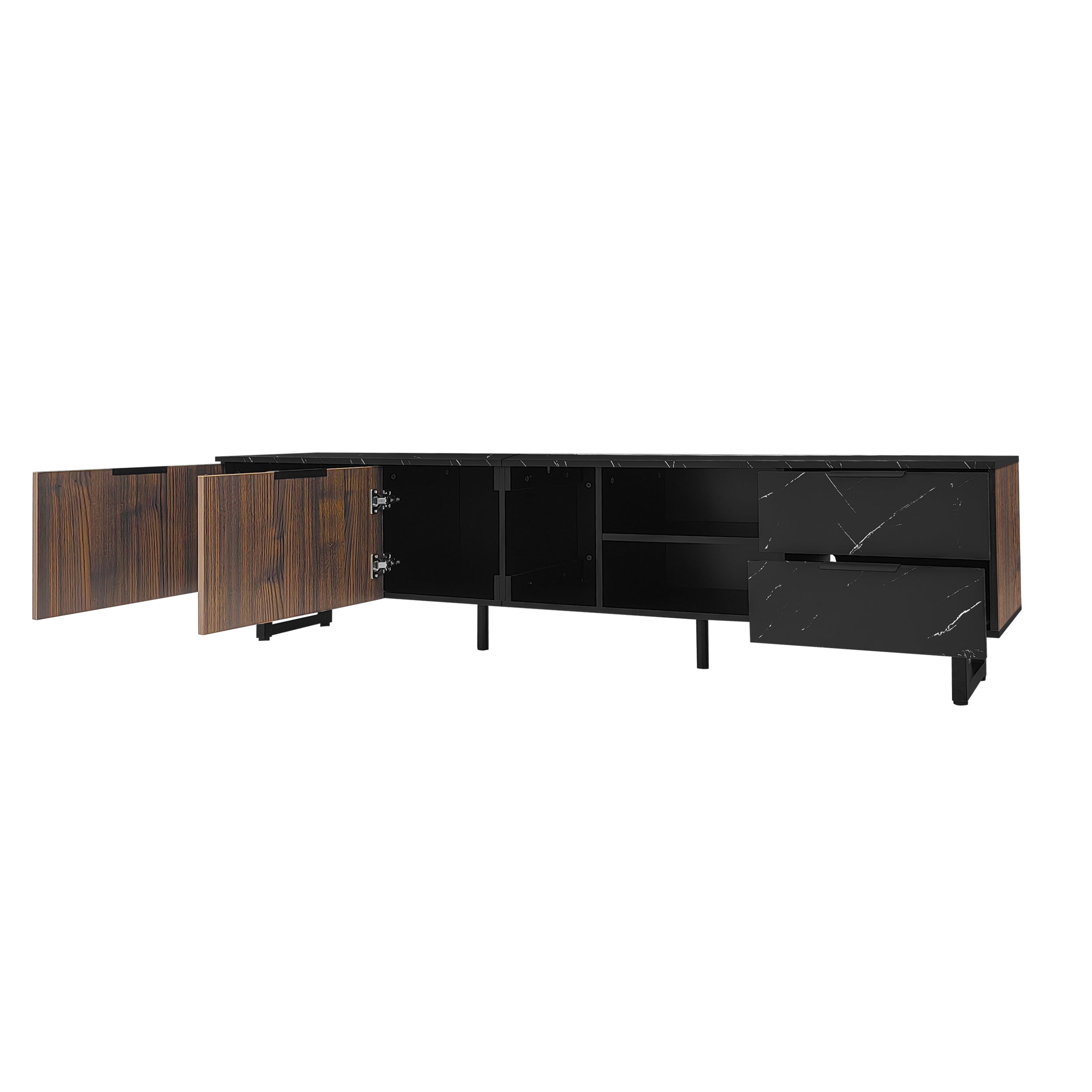 [variant:GA0010N] LED TV Stand with 2 Doors and 2 Drawers – Black Marble and Wood Grain image 4