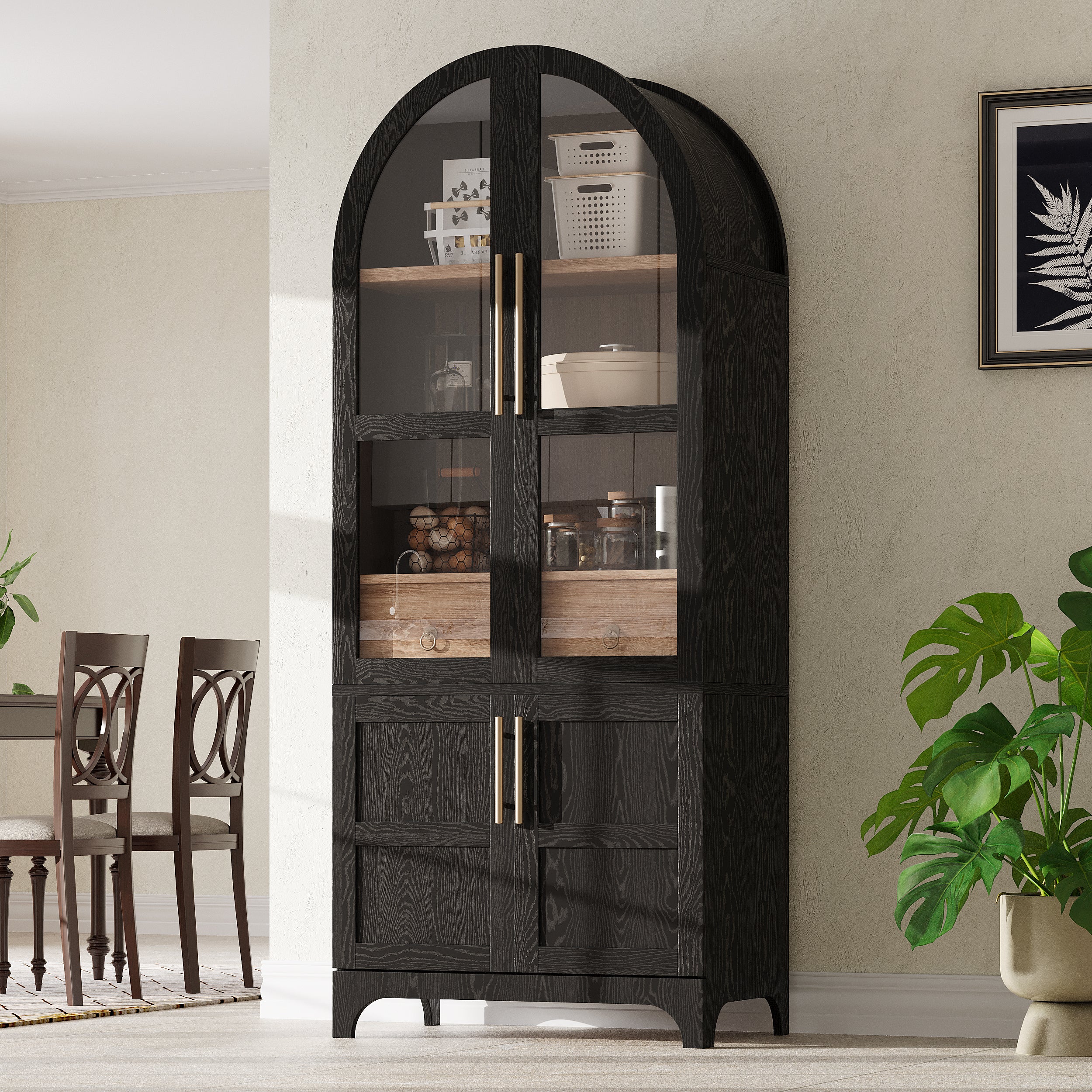 [variant:N853P387772B] Arched Pantry Cabinet with Glass Door – 71-Inch – Black image 1