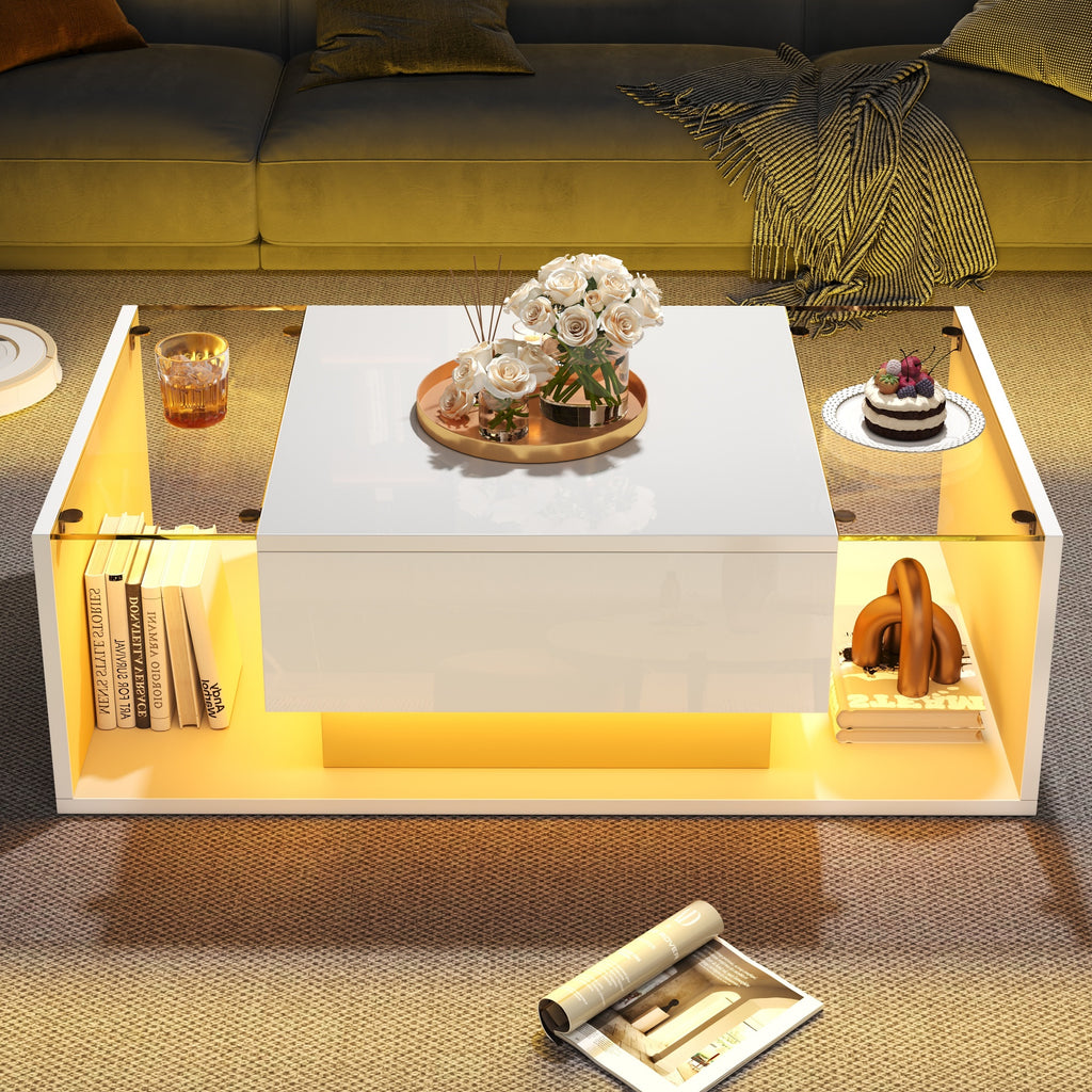 [variant:N892P423295W] High-Gloss LED Coffee Table with Drawer and Glass Top image 22