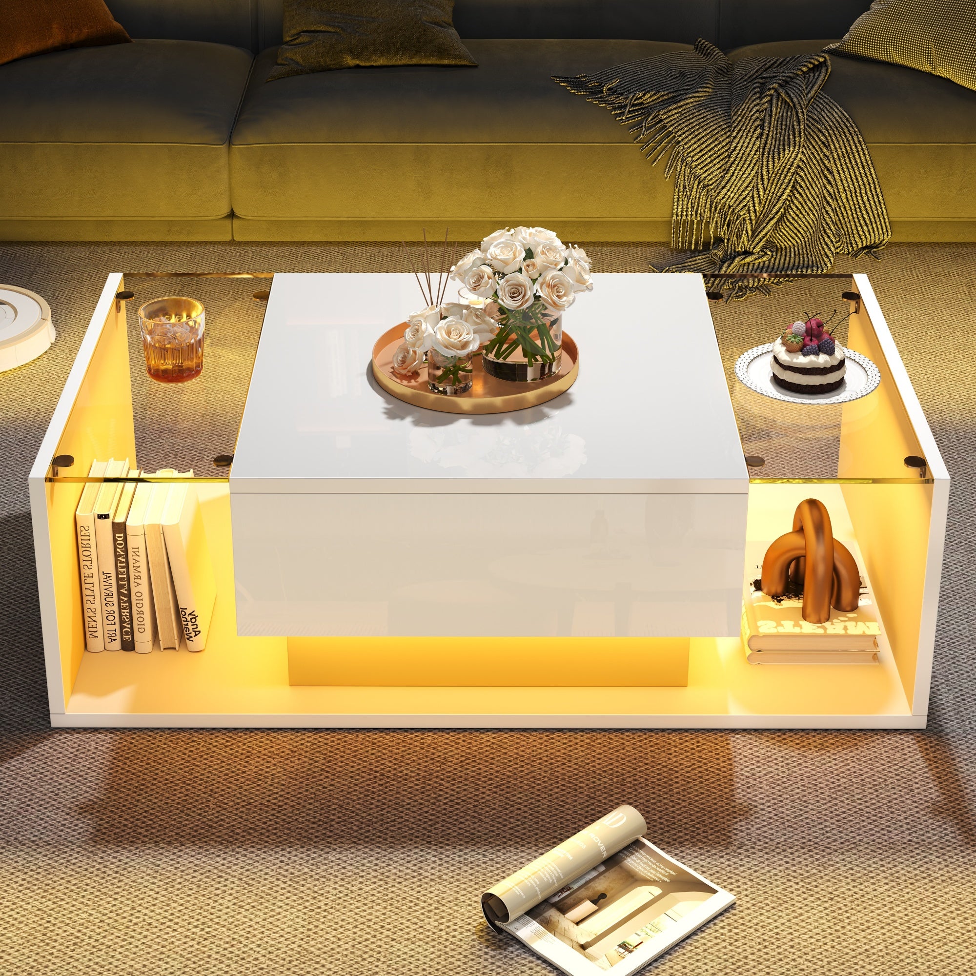 [variant:N892P423295W] High-Gloss LED Coffee Table with Drawer and Glass Top image 22