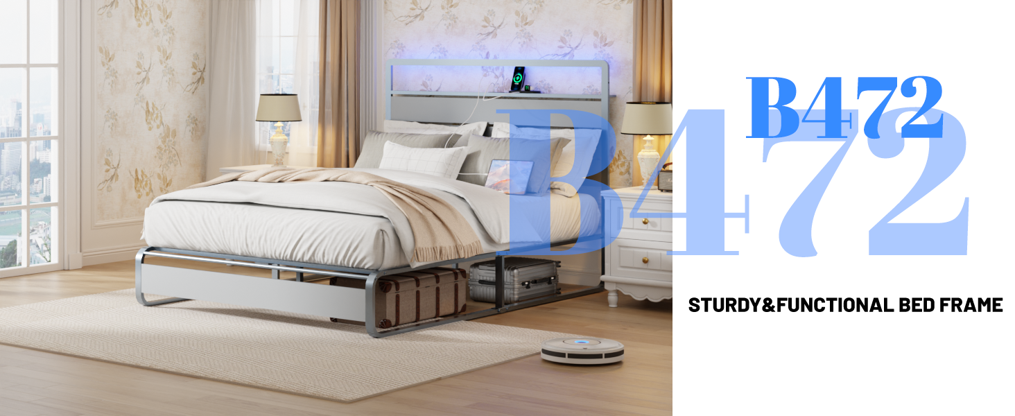 [variant:W5658P487004] Queen Metal Platform Bed with LED Lights & Charging Station – Silver image 4