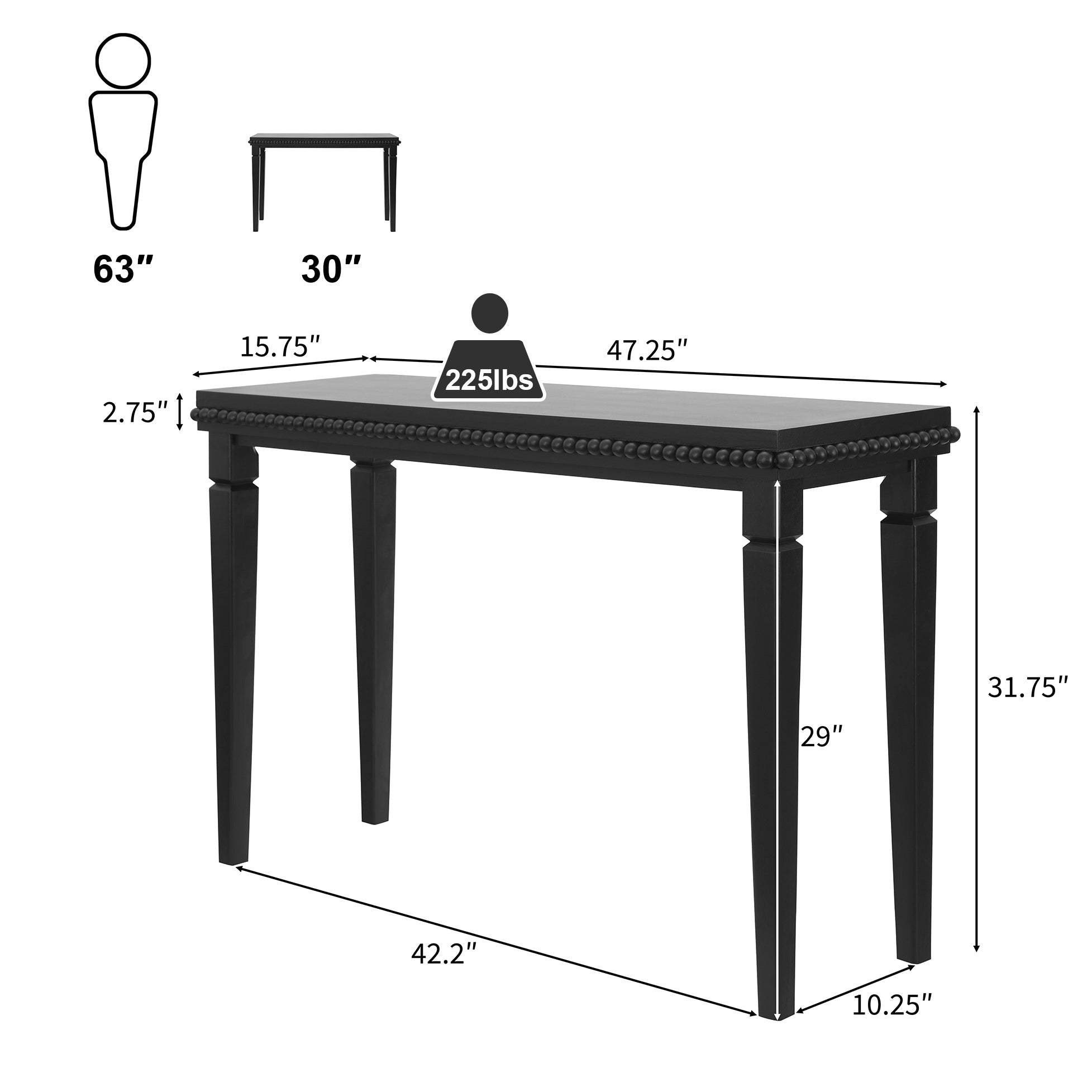 Farmhouse Console Table with Beaded Trim — [variant:N876P351928B] Black image 2