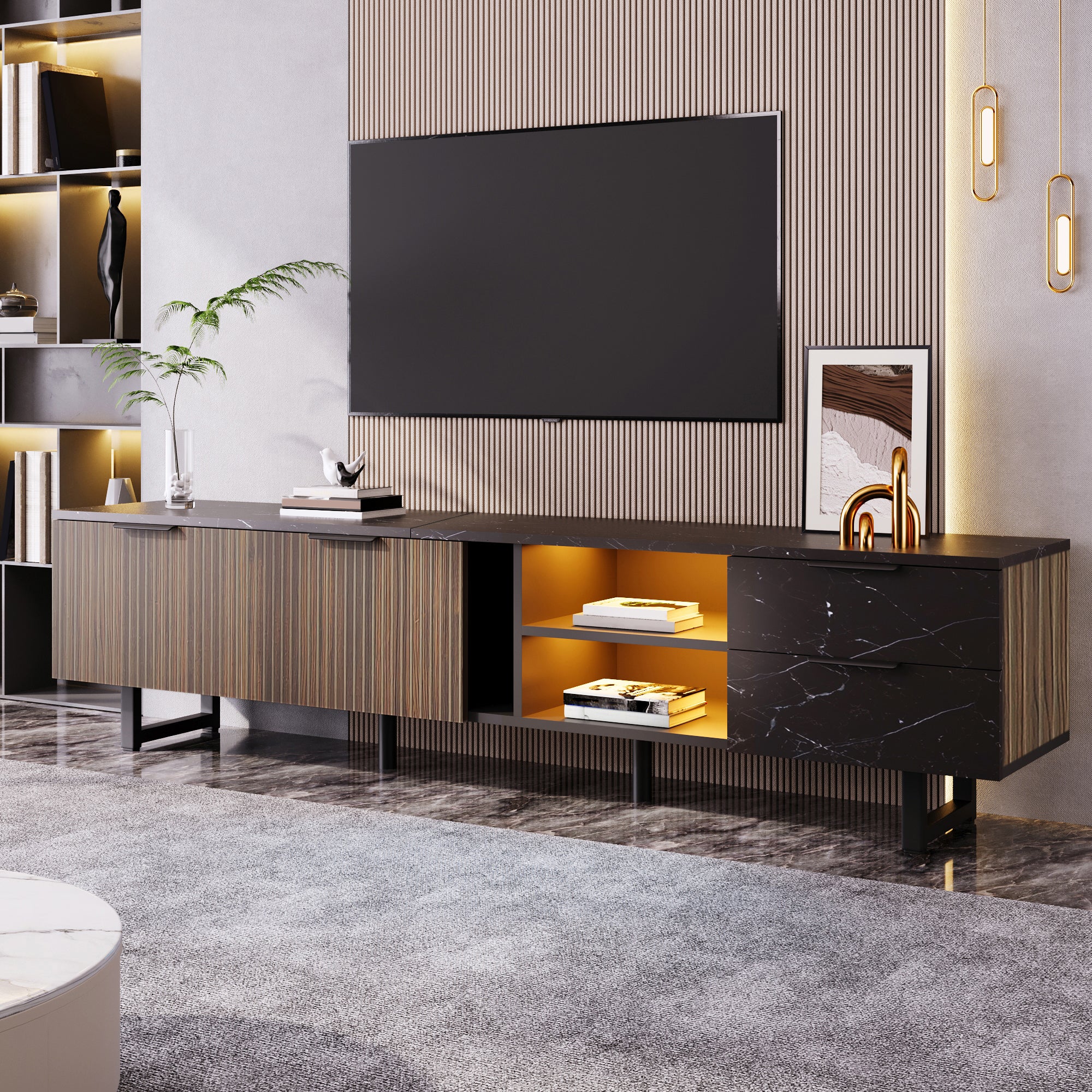 [variant:GA0010N] LED TV Stand with 2 Doors and 2 Drawers – Black Marble and Wood Grain image 10