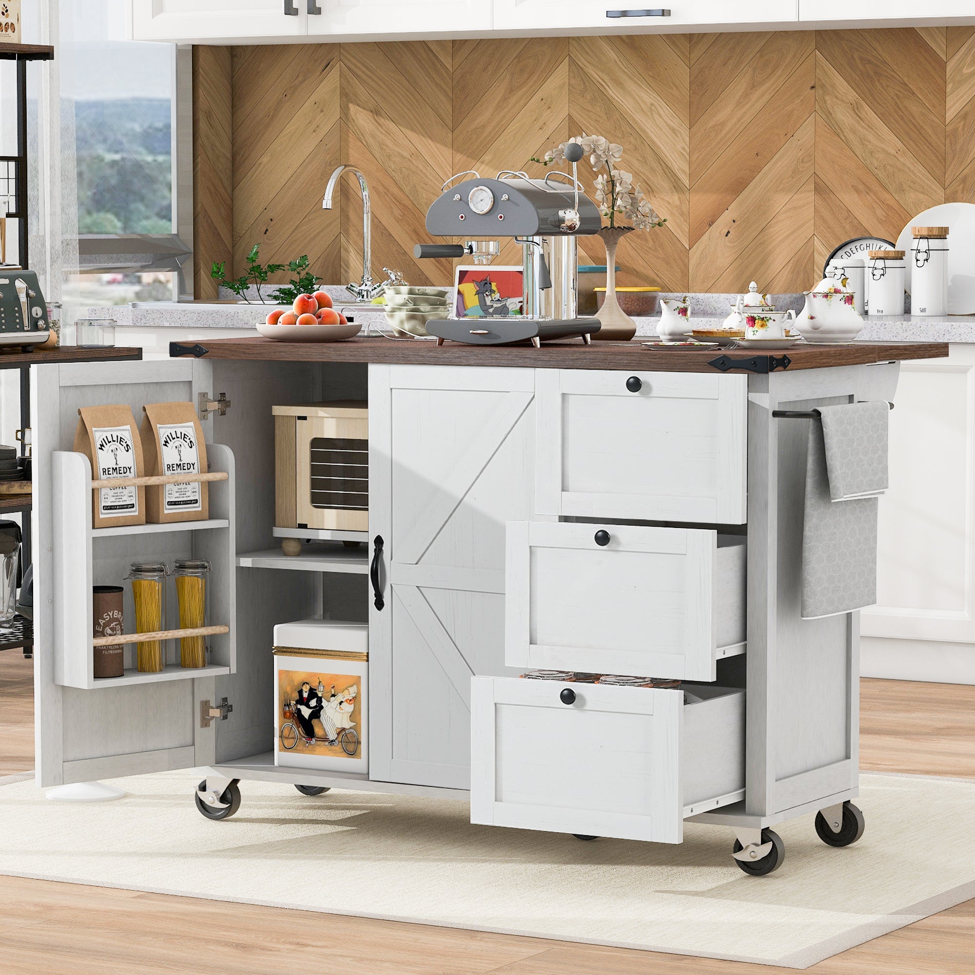 [variant:N853P379579W] Farmhouse Rolling Kitchen Island with Drop Leaf – White, 54.5-Inch image 26