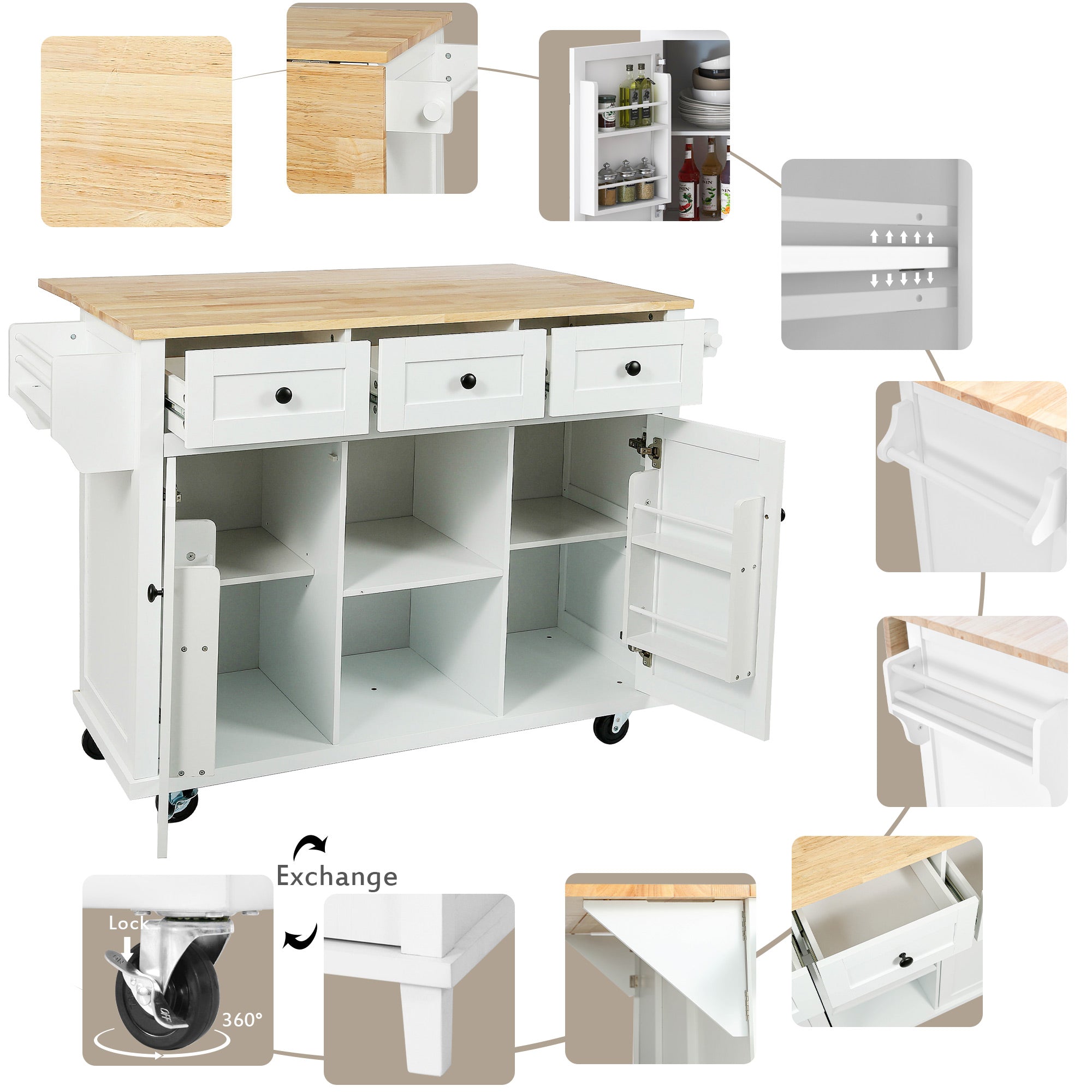 [variant:N853P383632W] Drop-Leaf Rolling Kitchen Cart – White, 53.1-Inch image 8