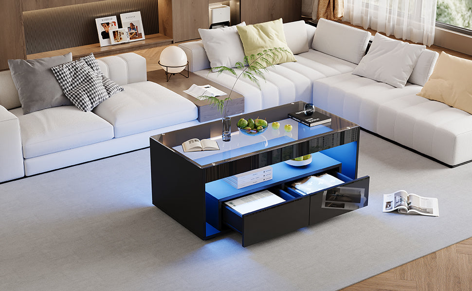 [variant:N892P428787B] High-Gloss LED Coffee Table with Glass Top and Drawers image 28