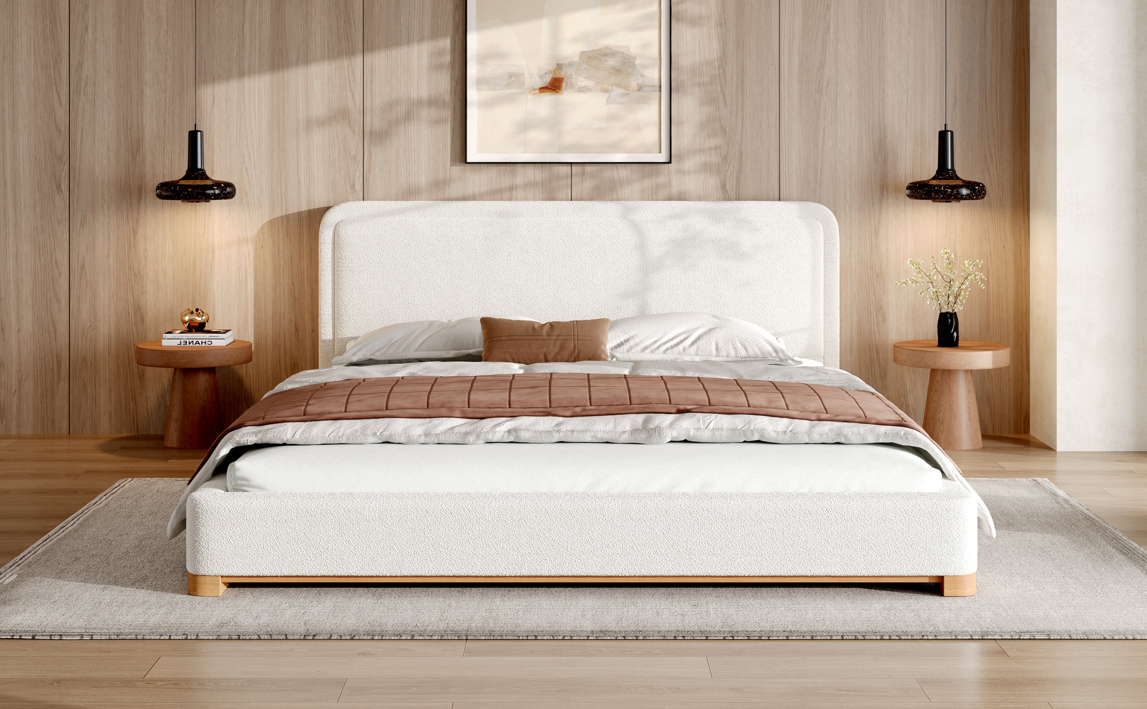 [variant:N859K000012W] King Bouclé Platform Bed with Curved Headboard – White image 21