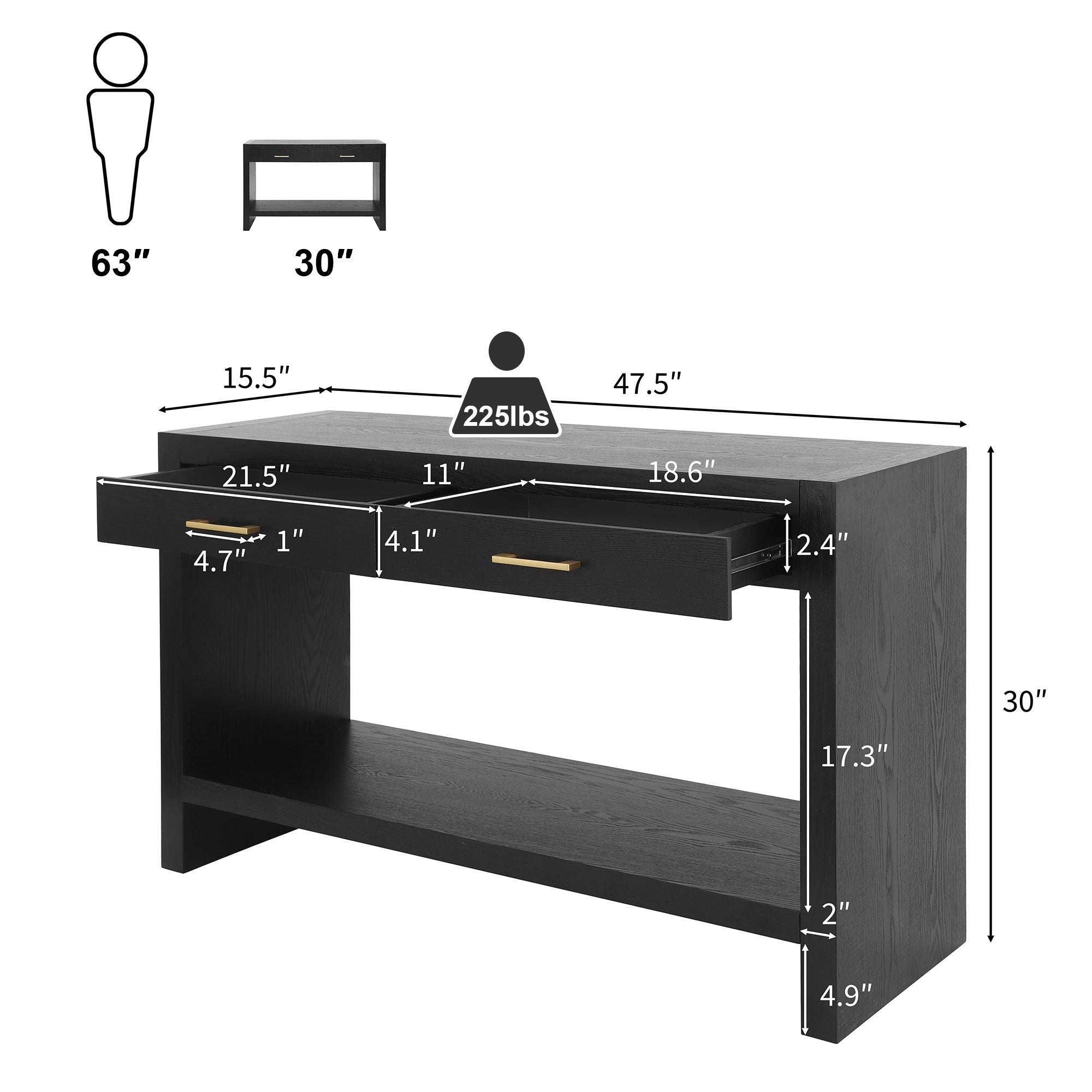 Farmhouse Console Table with Drawers & Storage Shelf — [variant:N876P351923B] Black image 2