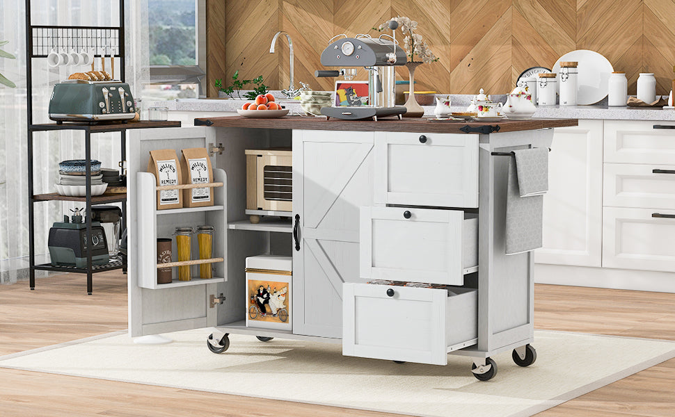 [variant:N853P379579W] Farmhouse Rolling Kitchen Island with Drop Leaf – White, 54.5-Inch image 22