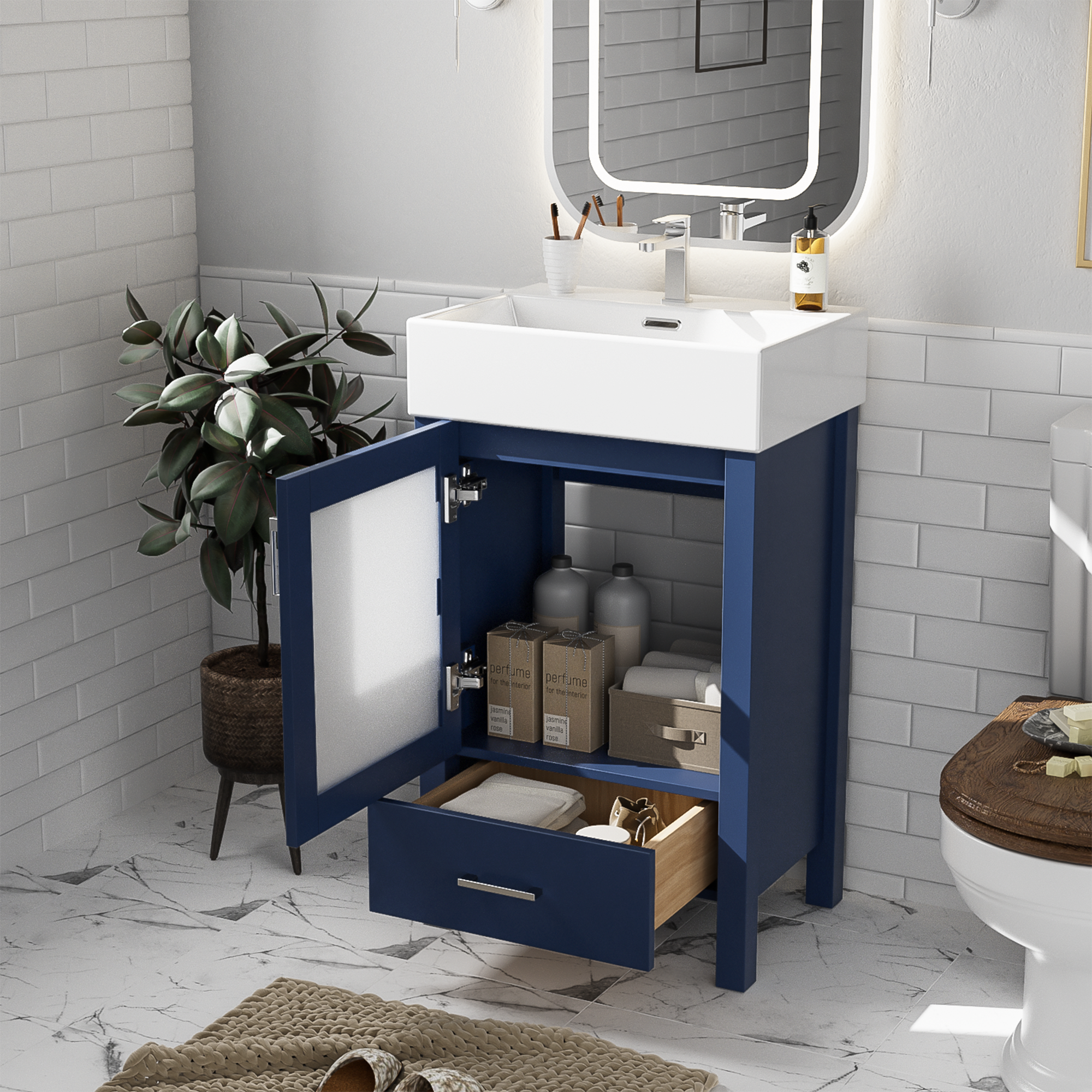 [variant:WF324691AAC] Compact Bathroom Vanity with Ceramic Sink – 20-Inch – Blue image 1