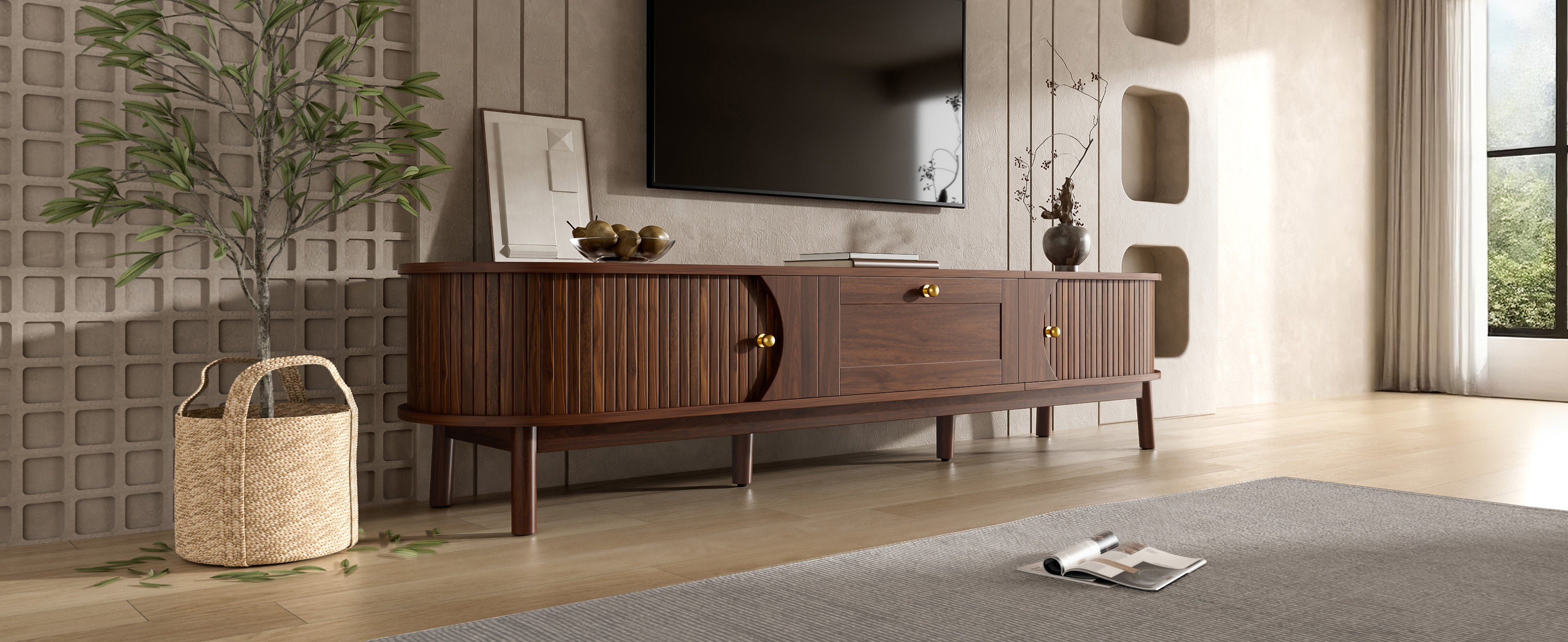 [variant:N875P452044N] Walnut TV Stand with Sliding Doors – 67-Inch image 2