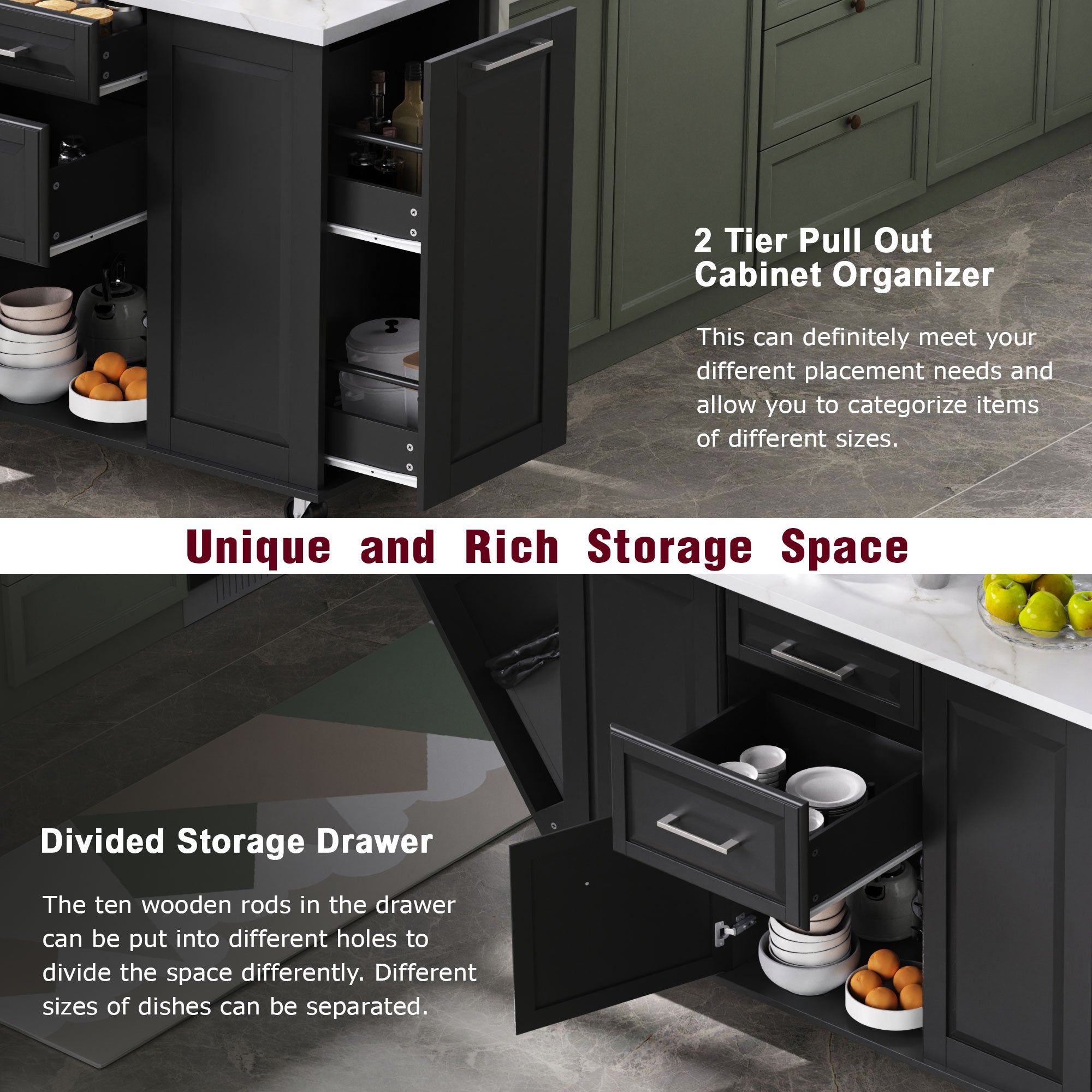 [variant:N853P390045B] Rolling Kitchen Island with Tilt-Out Trash Cabinet – Black, 50.7-Inch image 28