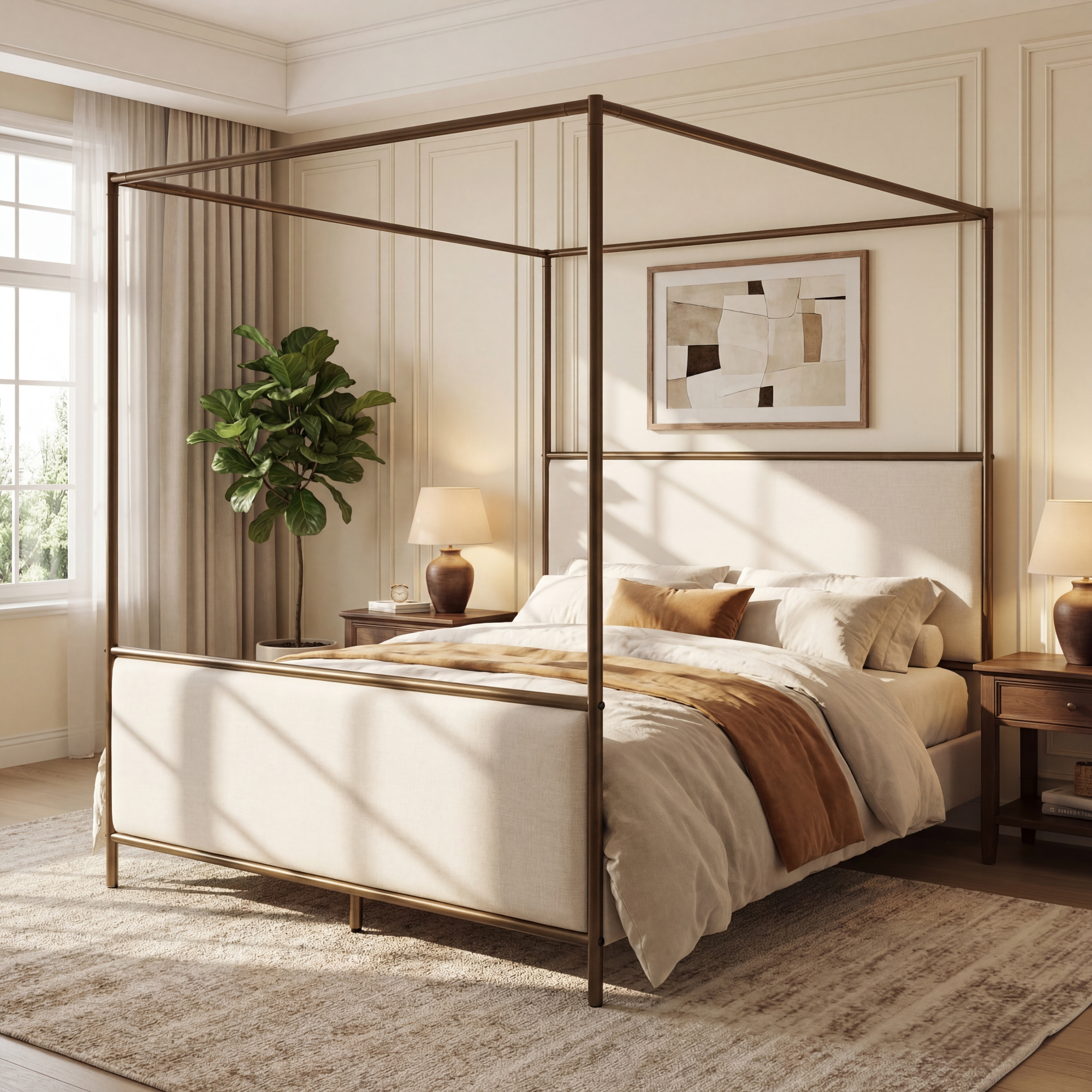 [variant:N859Q000022I] Queen Linen Upholstered Canopy Bed – Beige & Bronze image 5