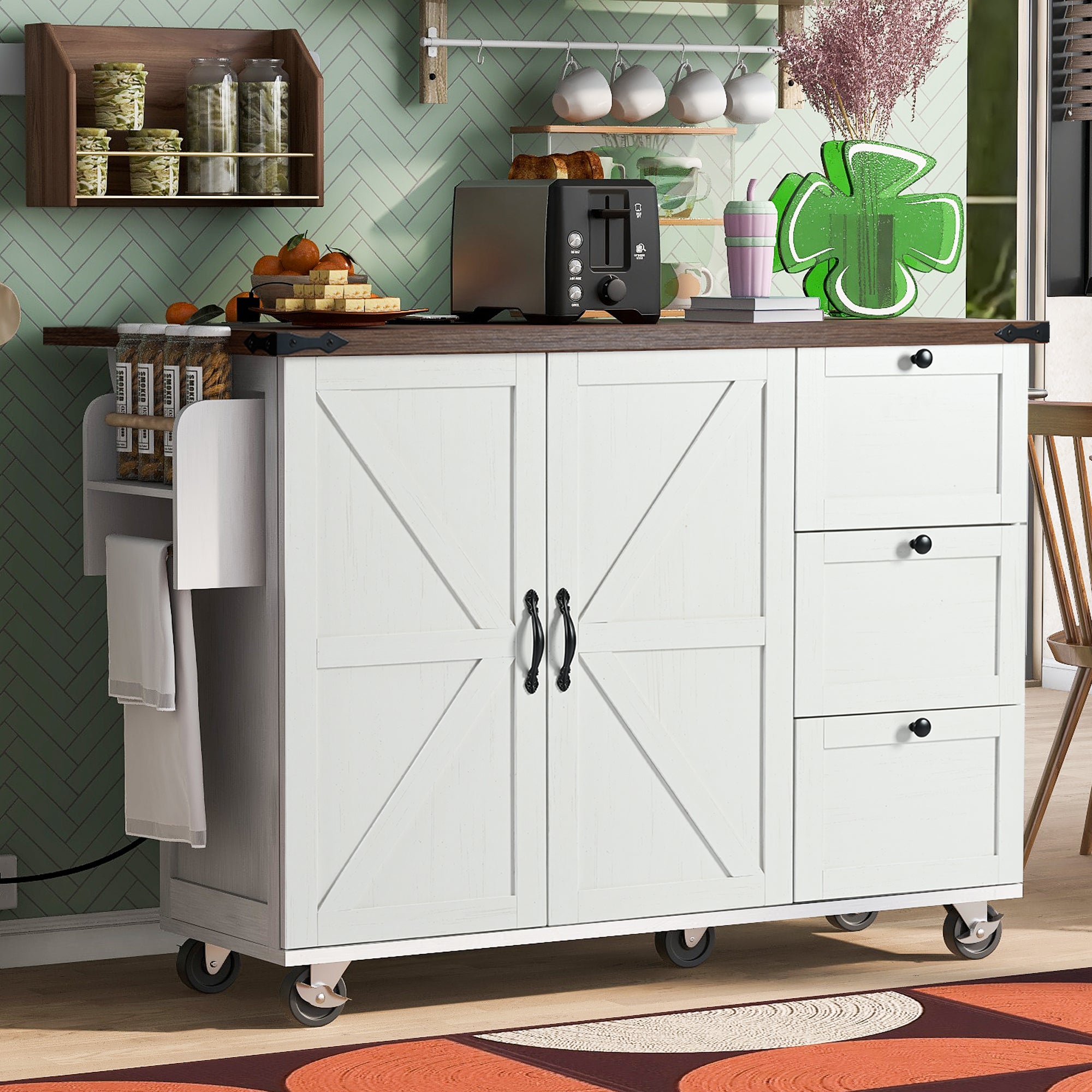 [variant:N853P379579W] Farmhouse Rolling Kitchen Island with Drop Leaf – White, 54.5-Inch image 28