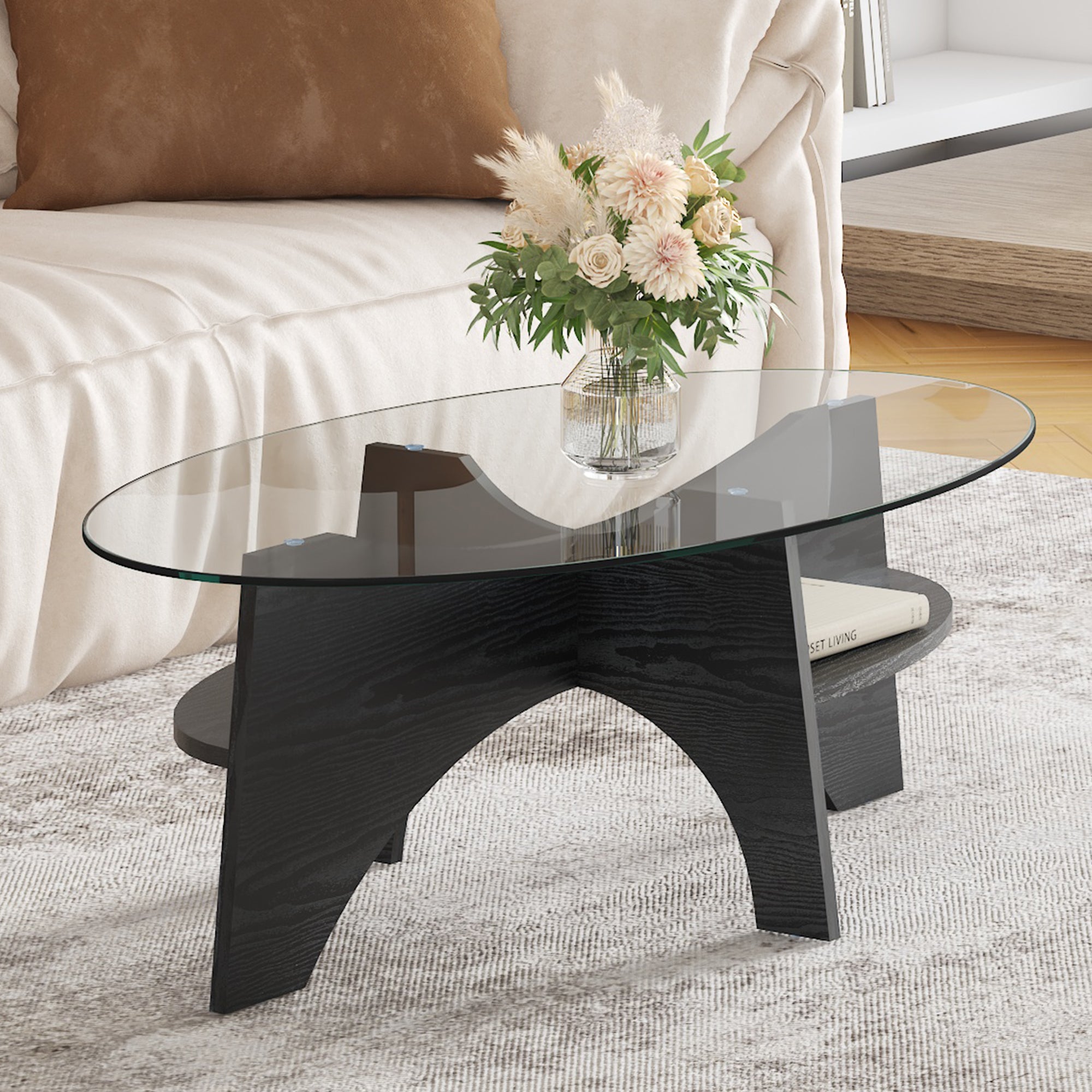 [variant:W3806P404727] Oval Glass Coffee Table with Black Fan-Shaped Base image 3