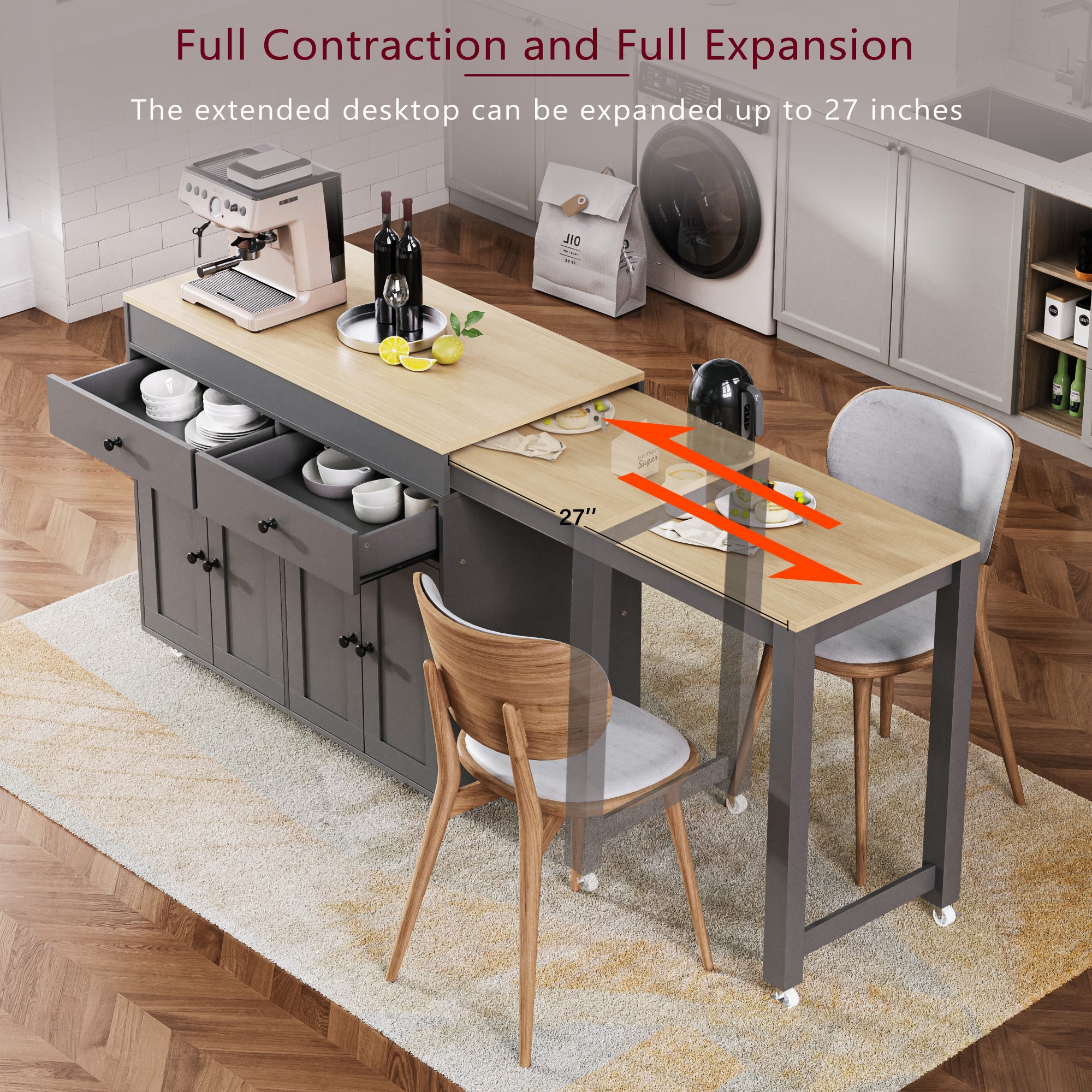 [variant:N853P386264G] Extendable Rolling Kitchen Island with Dining Table – Gray, 74.5-Inch image 20