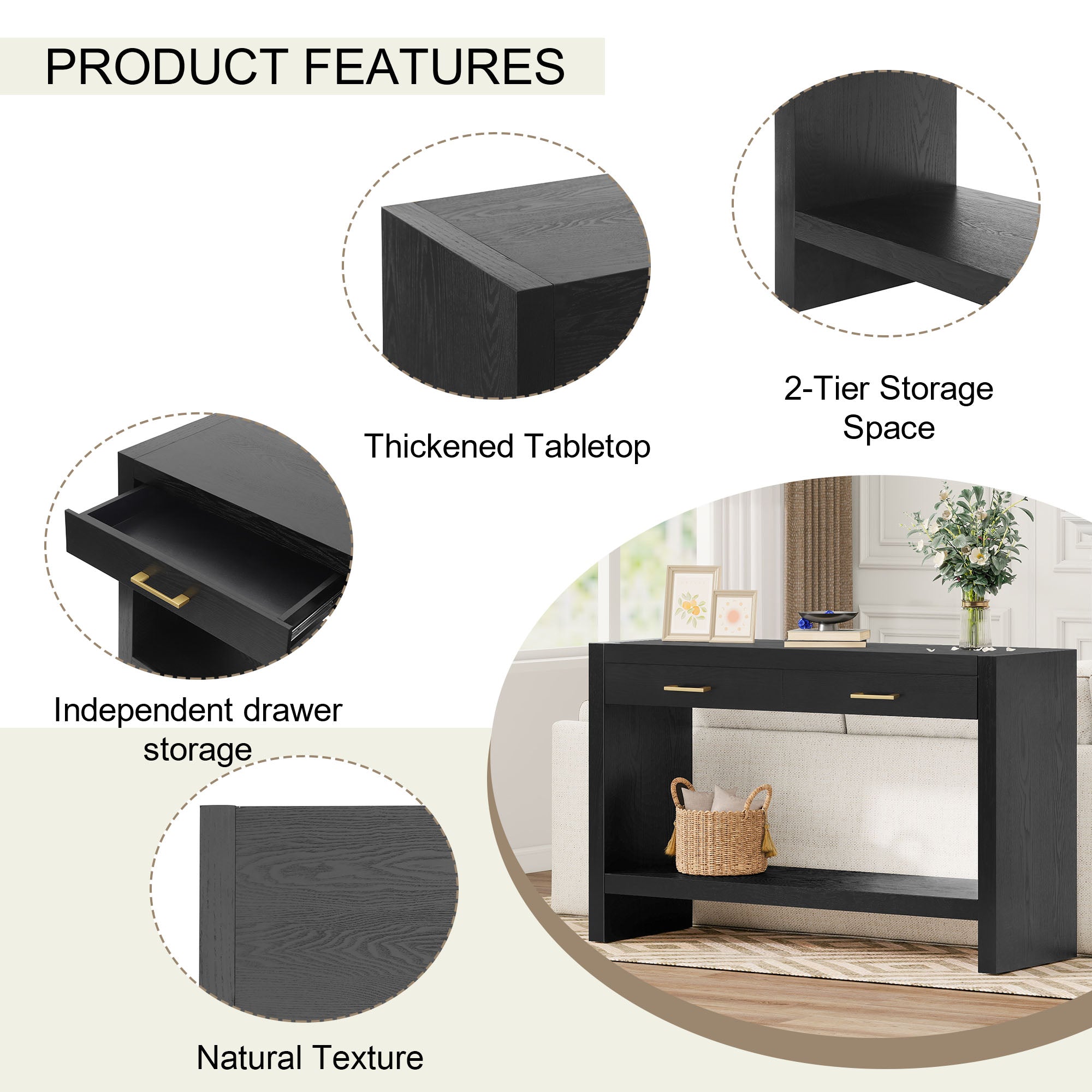 Farmhouse Console Table with Drawers & Storage Shelf — [variant:N876P351923B] Black image 3