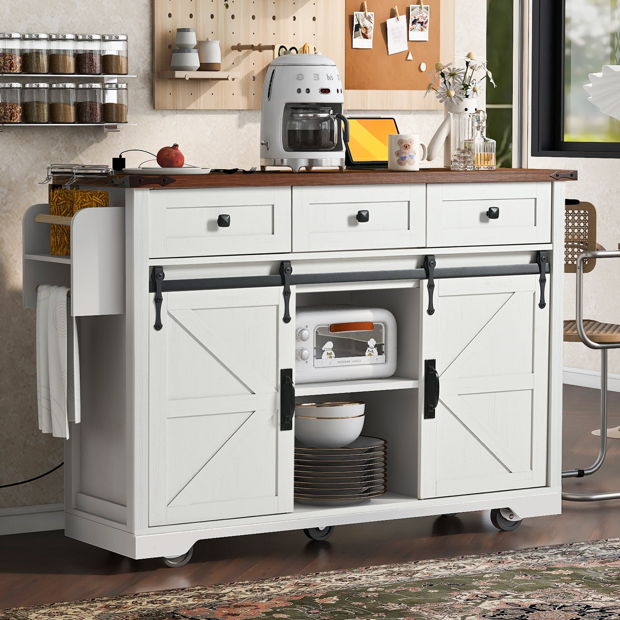 [variant:N853S379573W] Farmhouse Kitchen Island with Drop Leaf, Power Outlet and Sliding Barn Doors – 53.75-Inch image 22