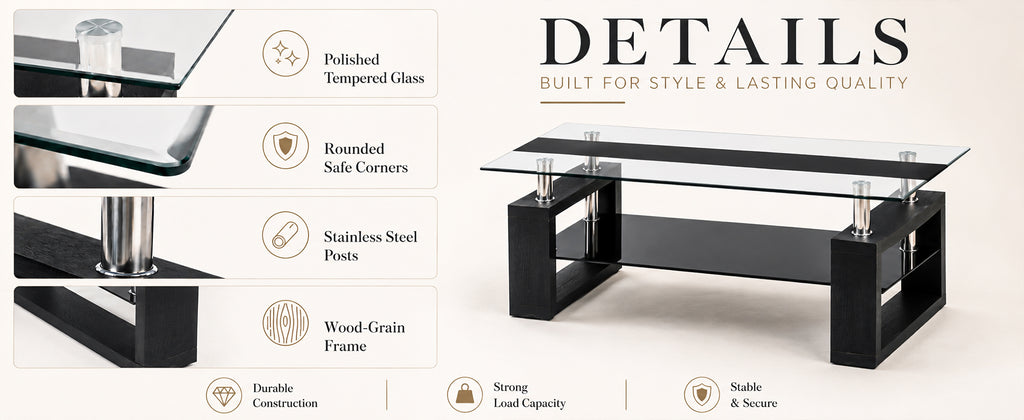 2-Tier Rectangular Tempered Glass Coffee Table — [variant:W3738P499155] Black image 9