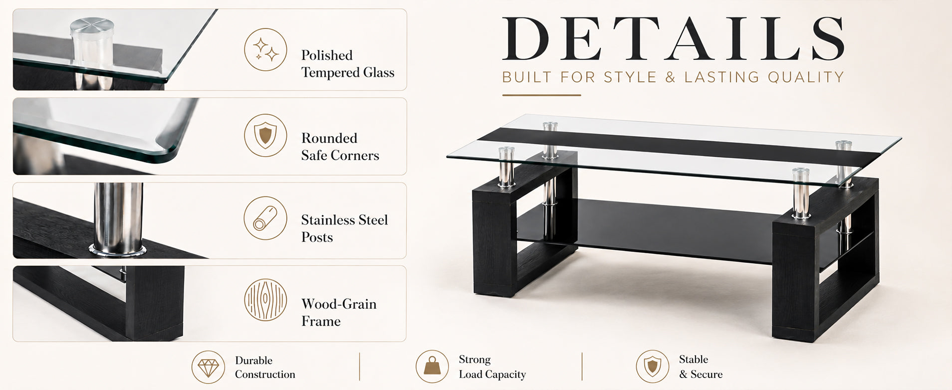 2-Tier Rectangular Tempered Glass Coffee Table — [variant:W3738P499155] Black image 9