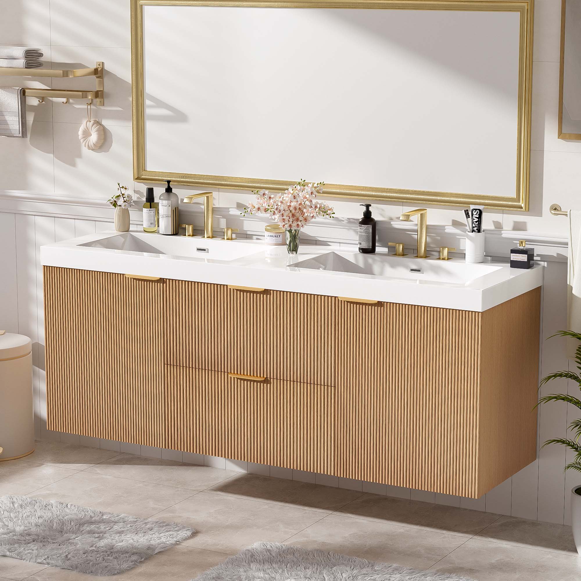 [variant:N729P000007N] Double-Sink Bathroom Vanity with SMC Top – 59.3-Inch image 2