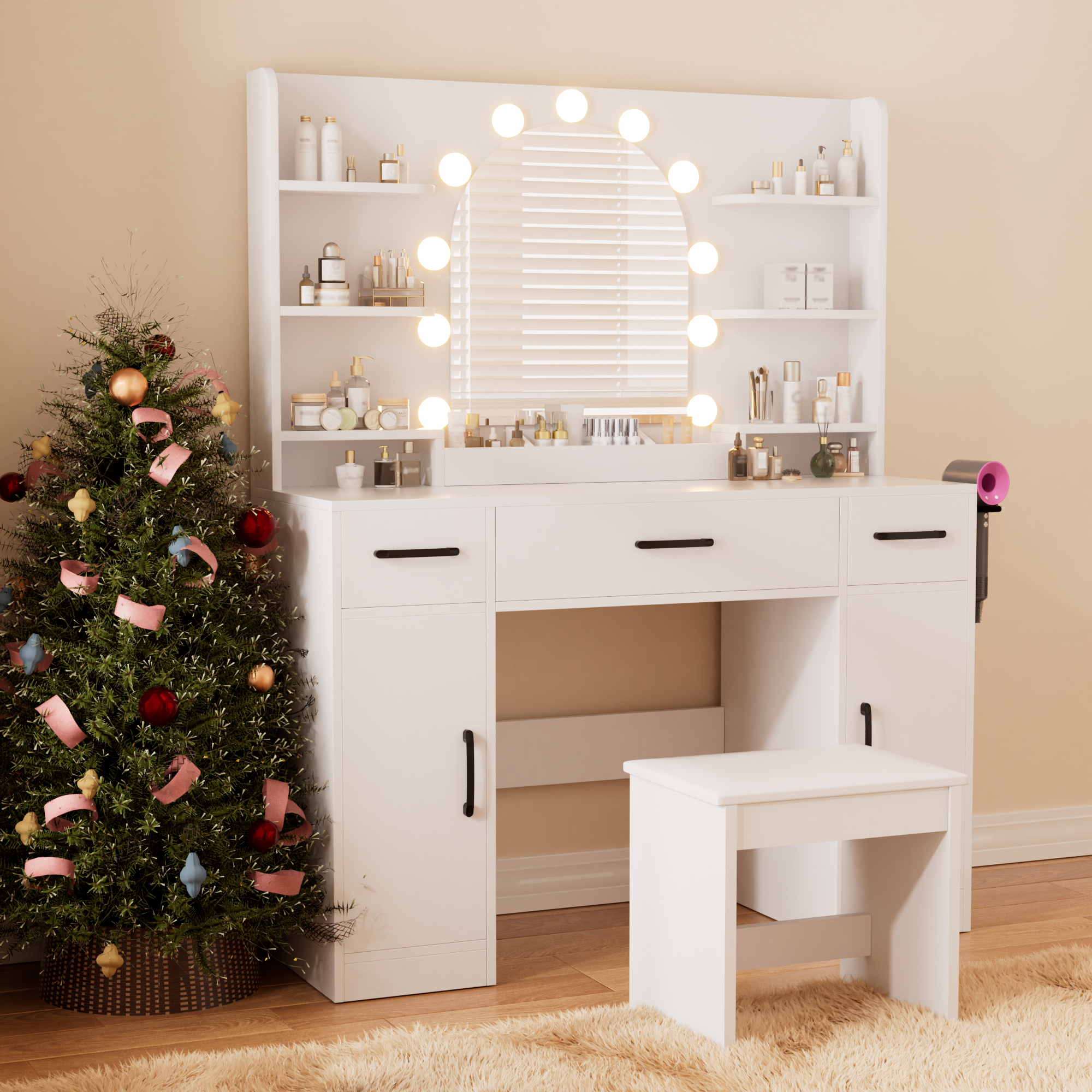 [variant:N881S436327W] Lighted Vanity Desk with Mirror, 3 Drawers and Shelves image 4
