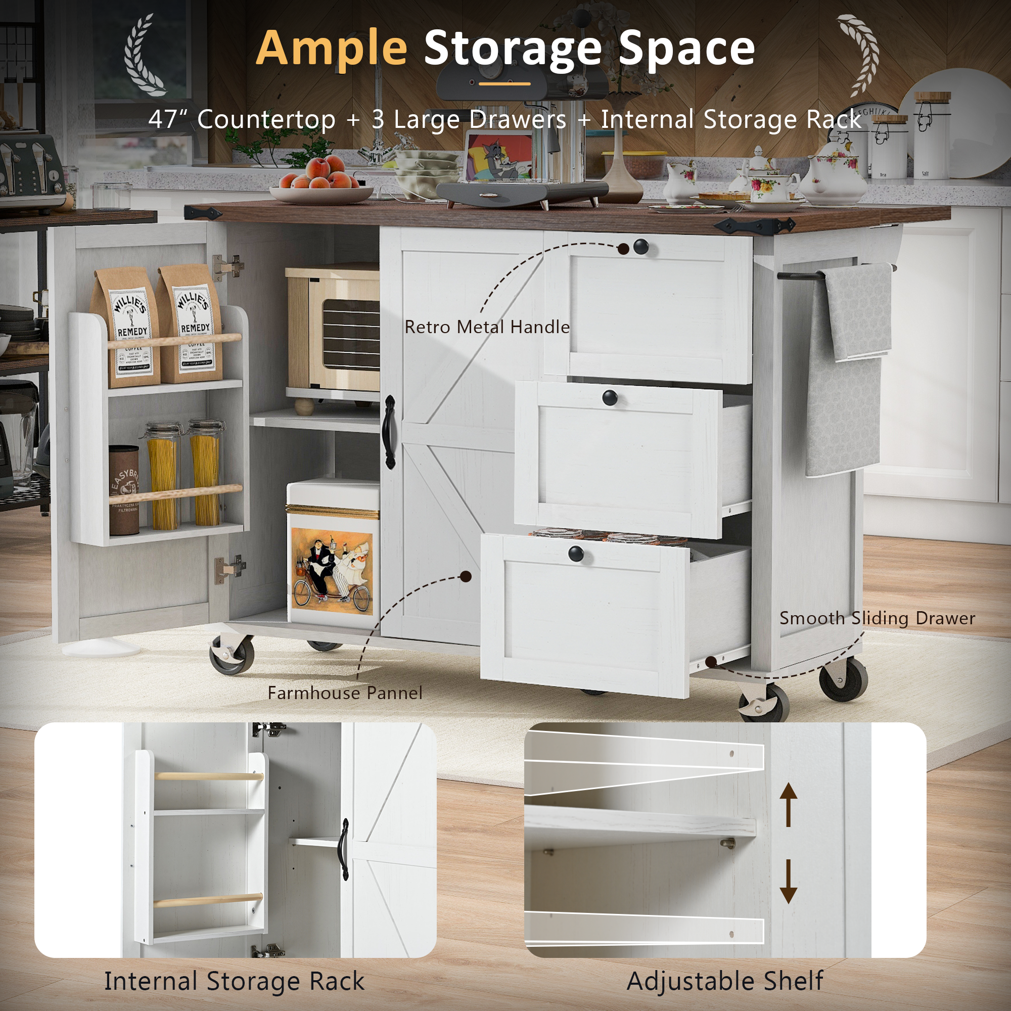 [variant:N853P379579W] Farmhouse Rolling Kitchen Island with Drop Leaf – White, 54.5-Inch image 29