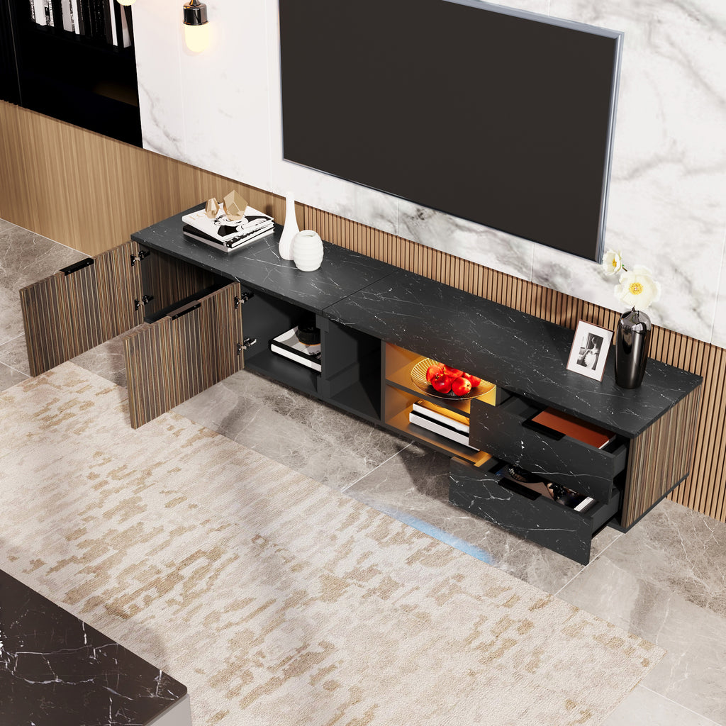 [variant:GA0010N] LED TV Stand with 2 Doors and 2 Drawers – Black Marble and Wood Grain image 17