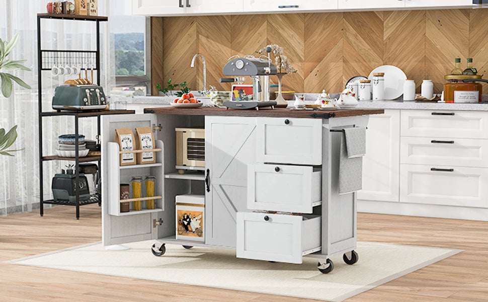 [variant:N853P379579W] Farmhouse Rolling Kitchen Island with Drop Leaf – White, 54.5-Inch image 23