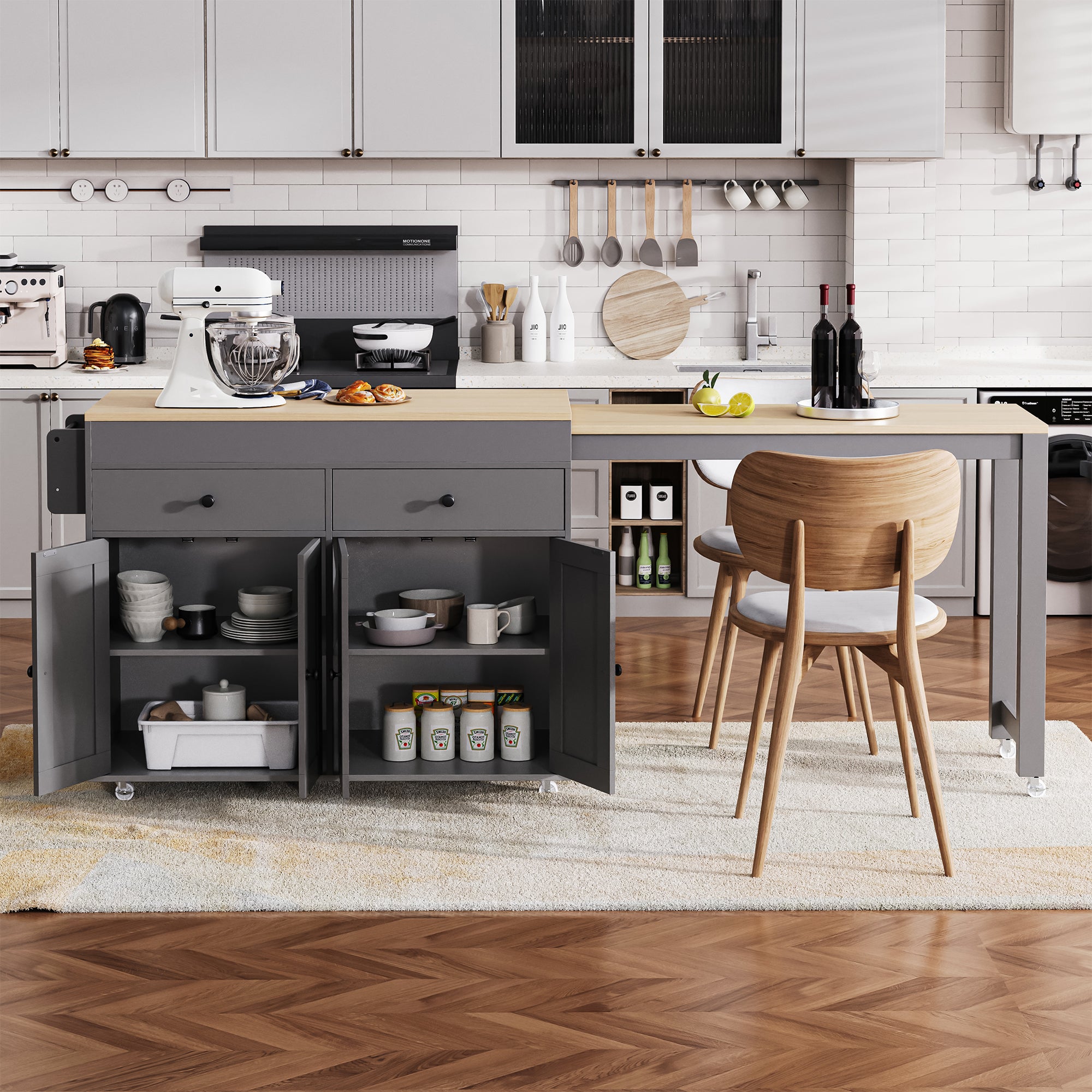 [variant:N853P386264G] Extendable Rolling Kitchen Island with Dining Table – Gray, 74.5-Inch image 17