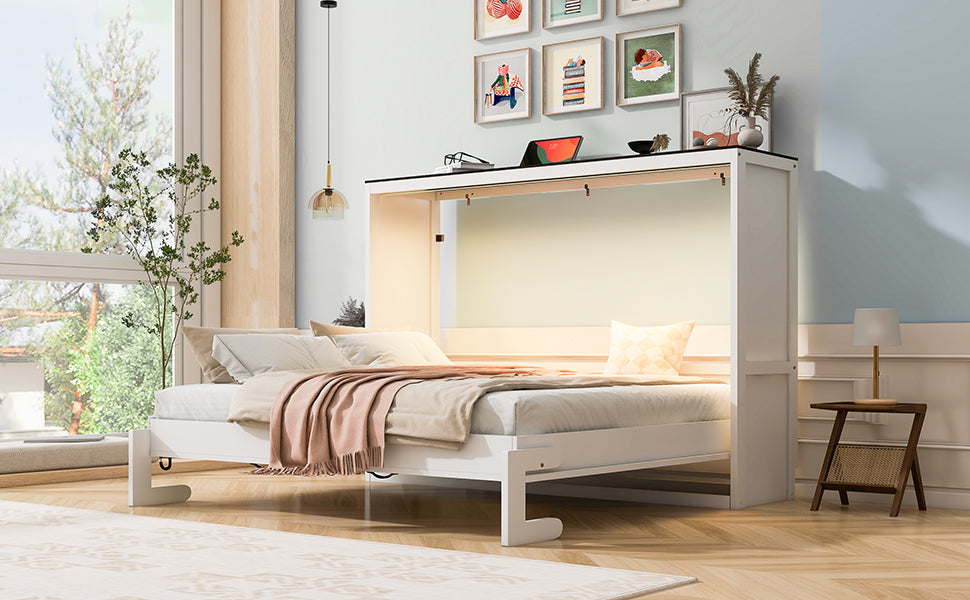 [variant:N8470004035K-1] Queen LED Murphy Bed Cabinet – White and Brown image 5