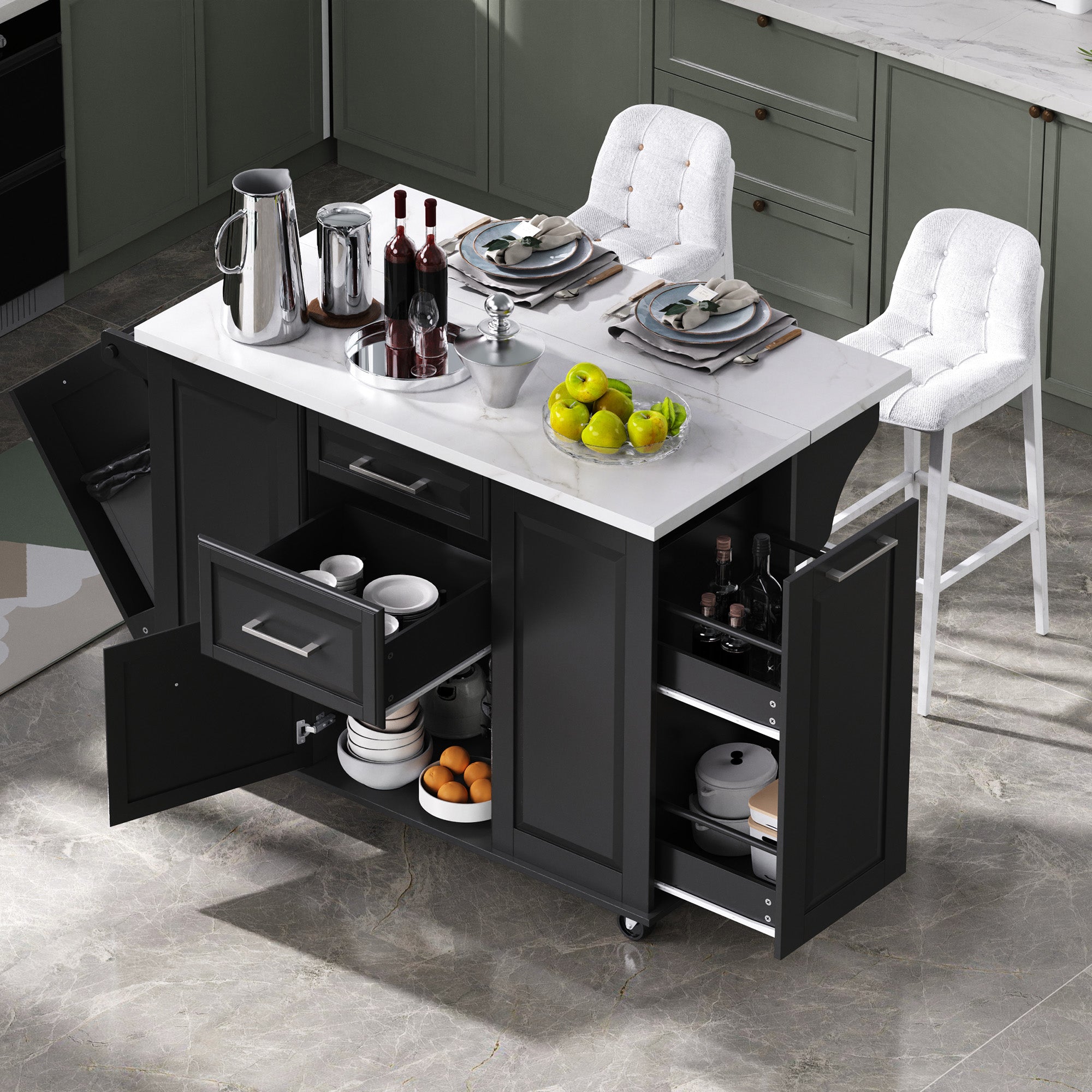 [variant:N853P390045B] Rolling Kitchen Island with Tilt-Out Trash Cabinet – Black, 50.7-Inch image 1
