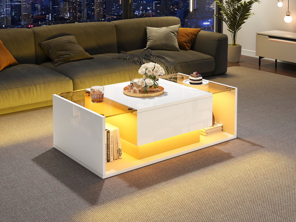 [variant:N892P423295W] High-Gloss LED Coffee Table with Drawer and Glass Top image 41