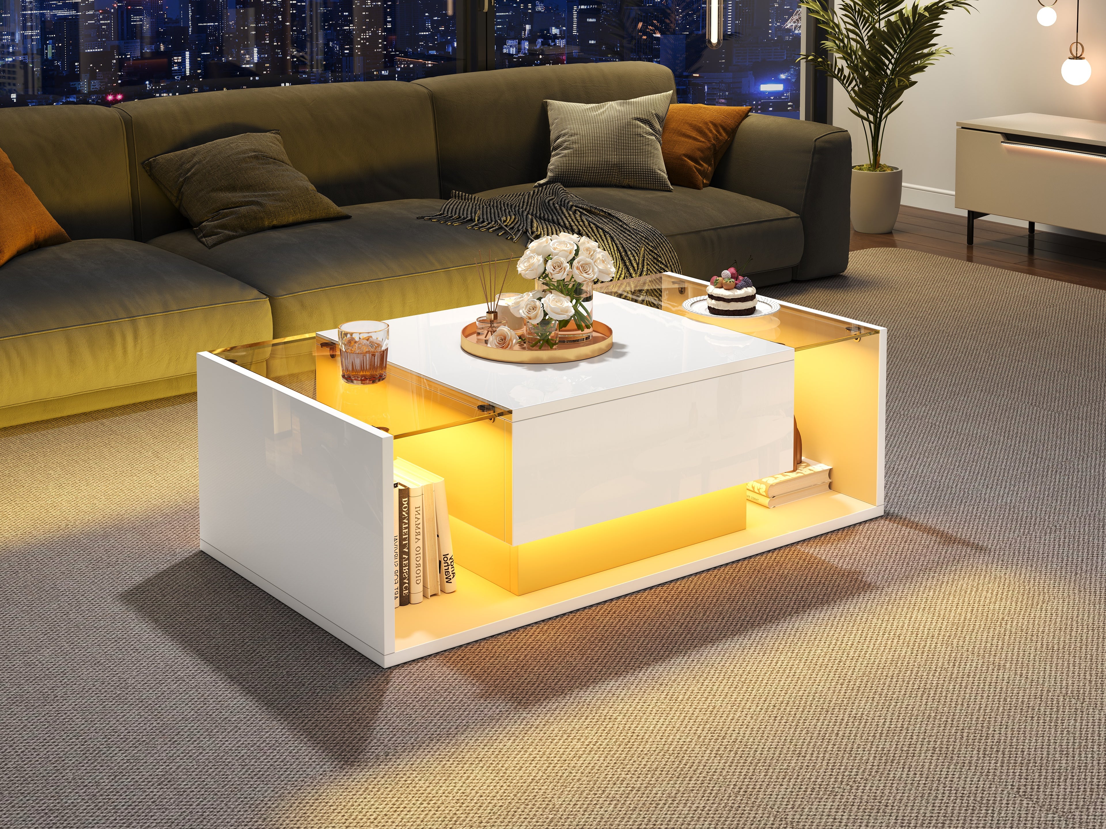 [variant:N892P423295W] High-Gloss LED Coffee Table with Drawer and Glass Top image 41