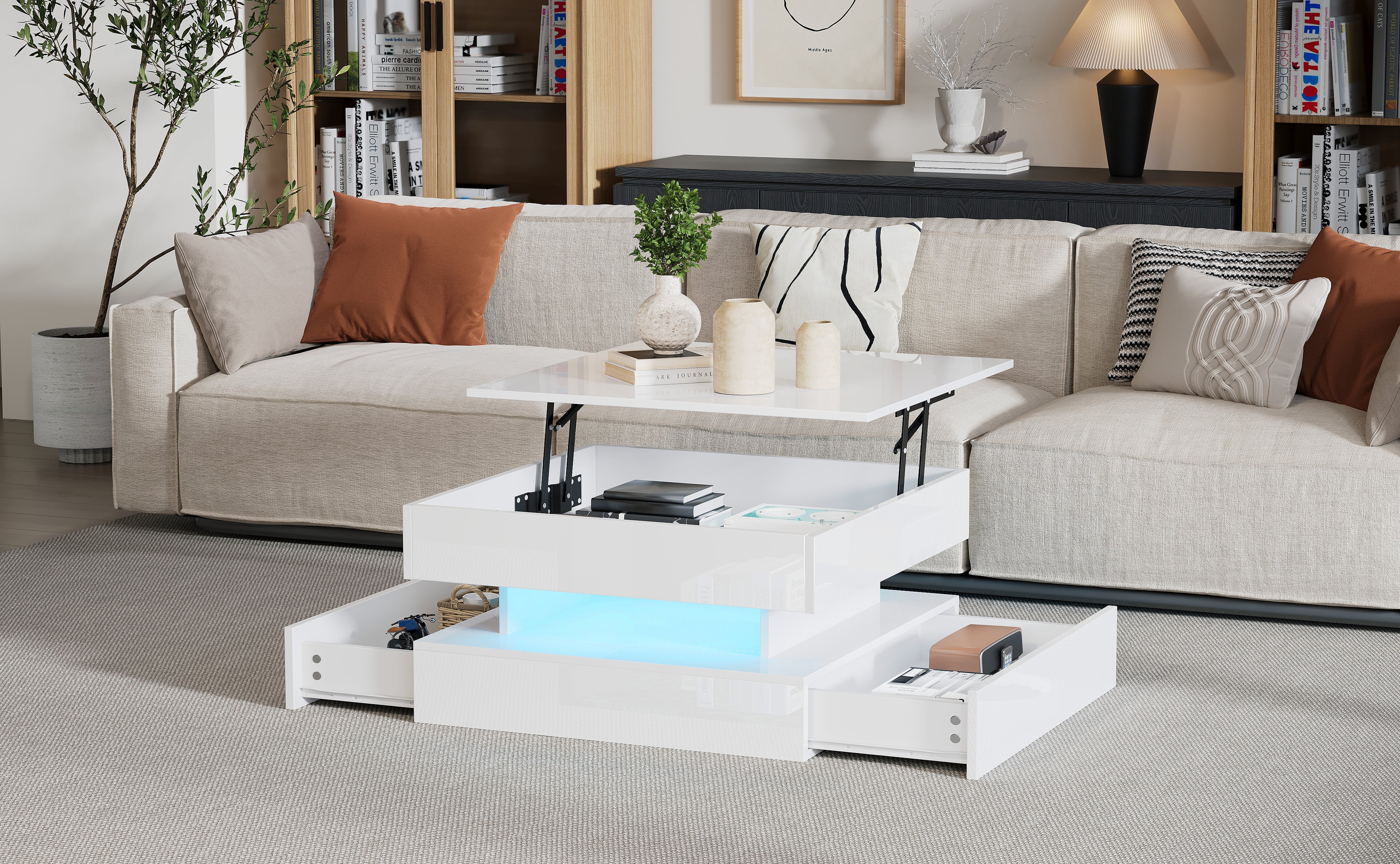 [variant:N892P407973W] White Lift-Top LED Coffee Table with 2 Drawers image 13