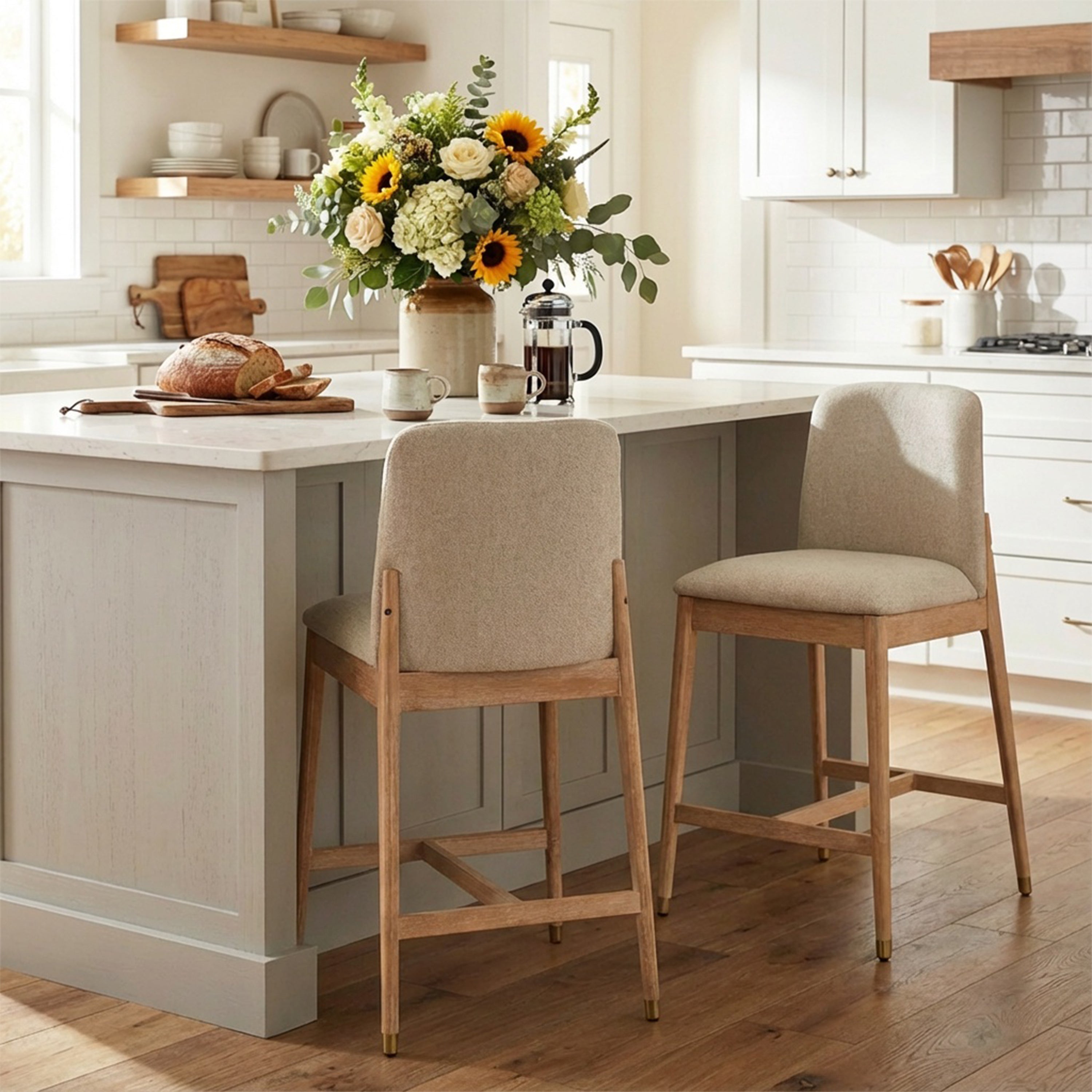 [variant:N897P442127N] Upholstered Rubberwood Counter Stools – Sets of 2 or 4 – Natural image 1